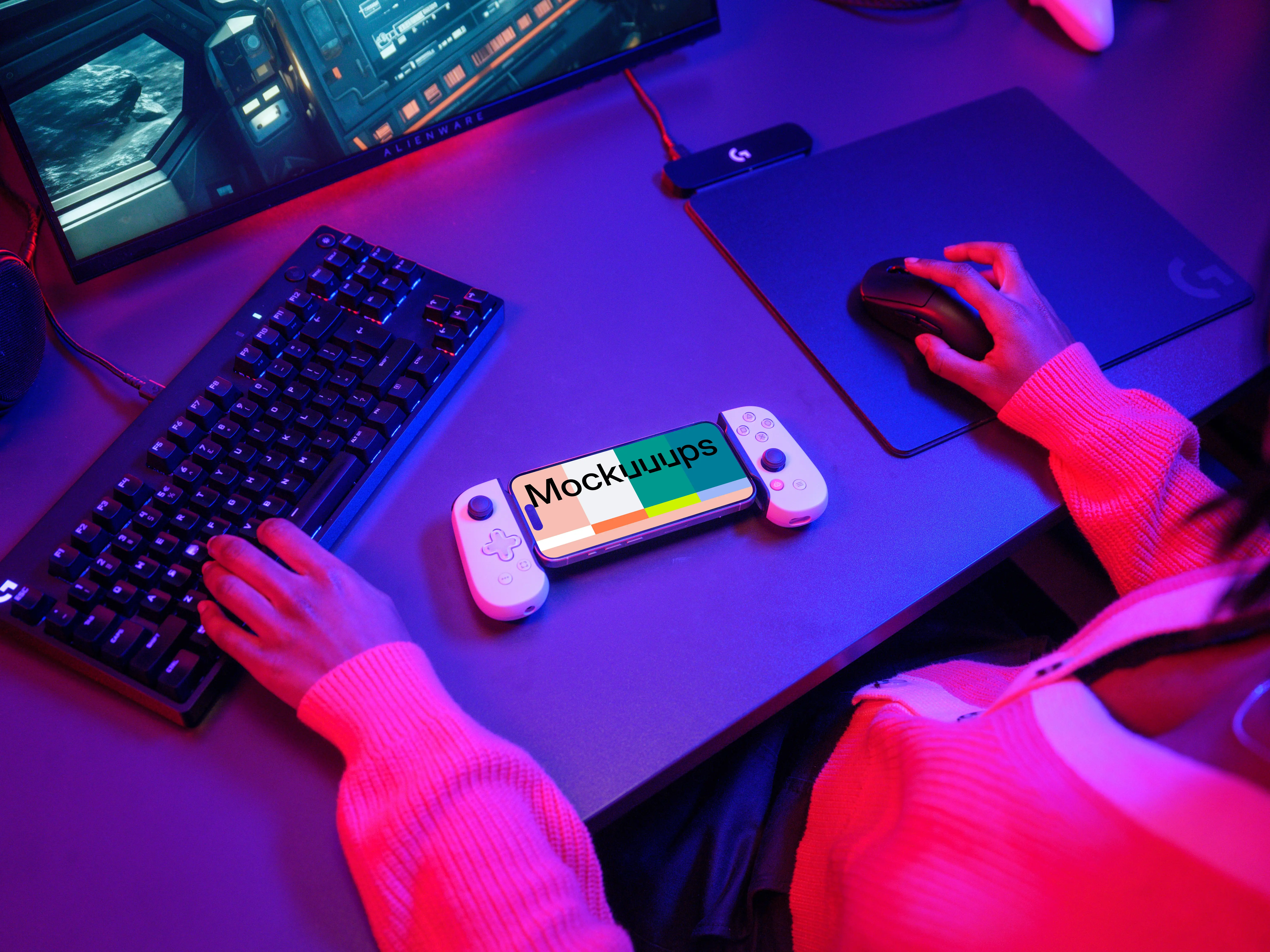 iPhone 15 Pro mockup in a gamer's paradise