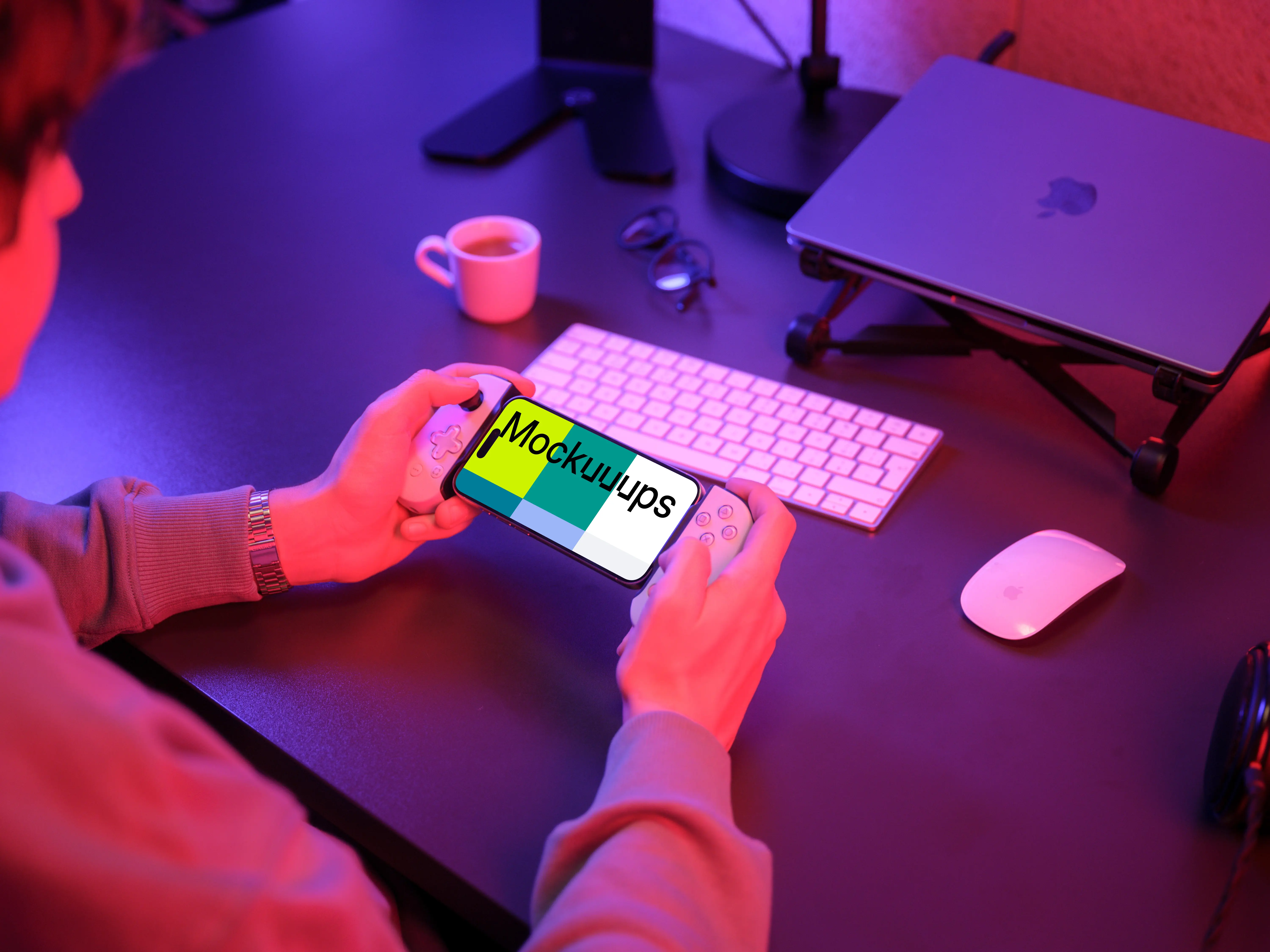 iPhone 15 Pro mockup in a gaming setup