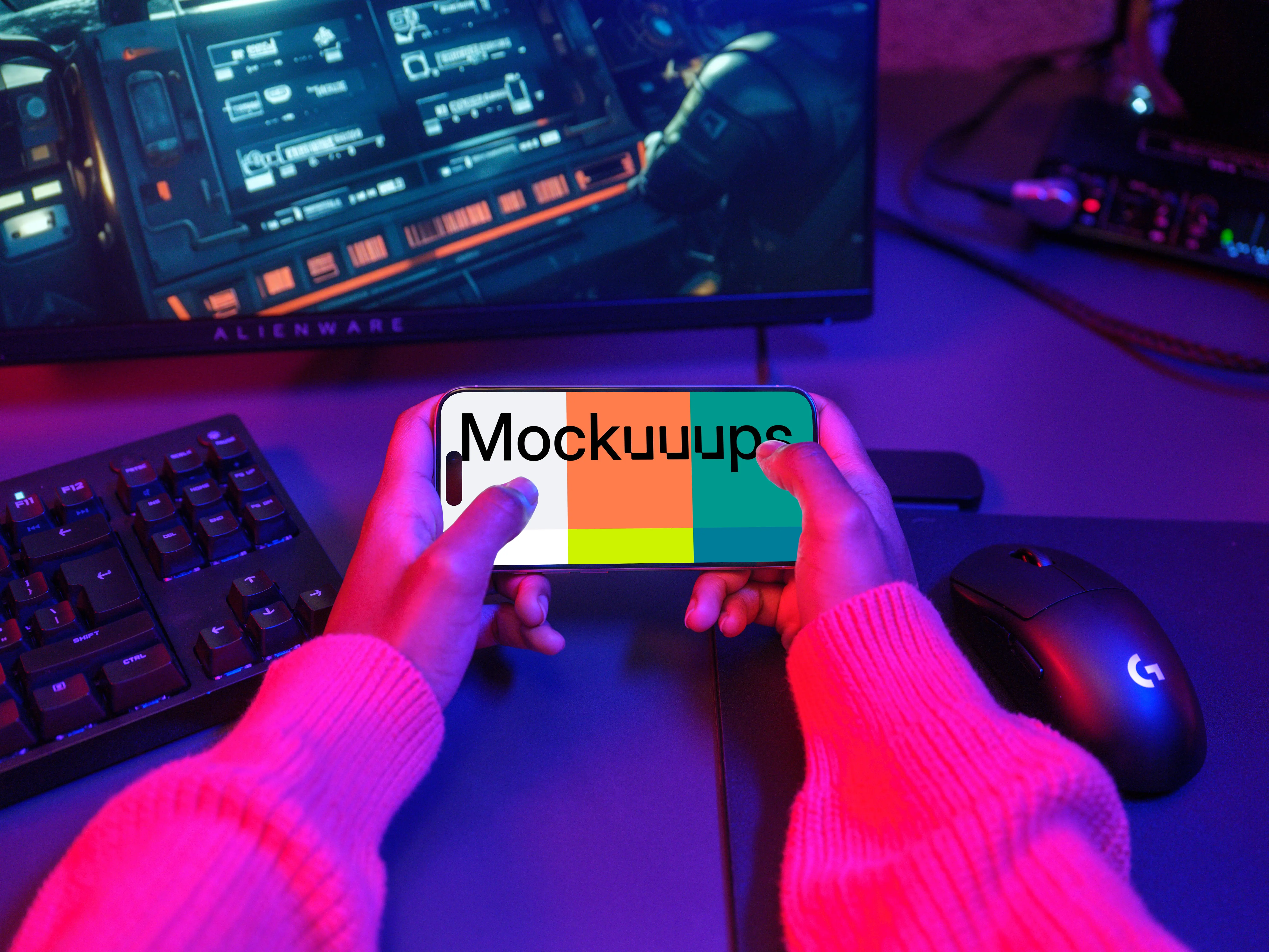 iPhone 15 Pro mockup in a neon gaming setup