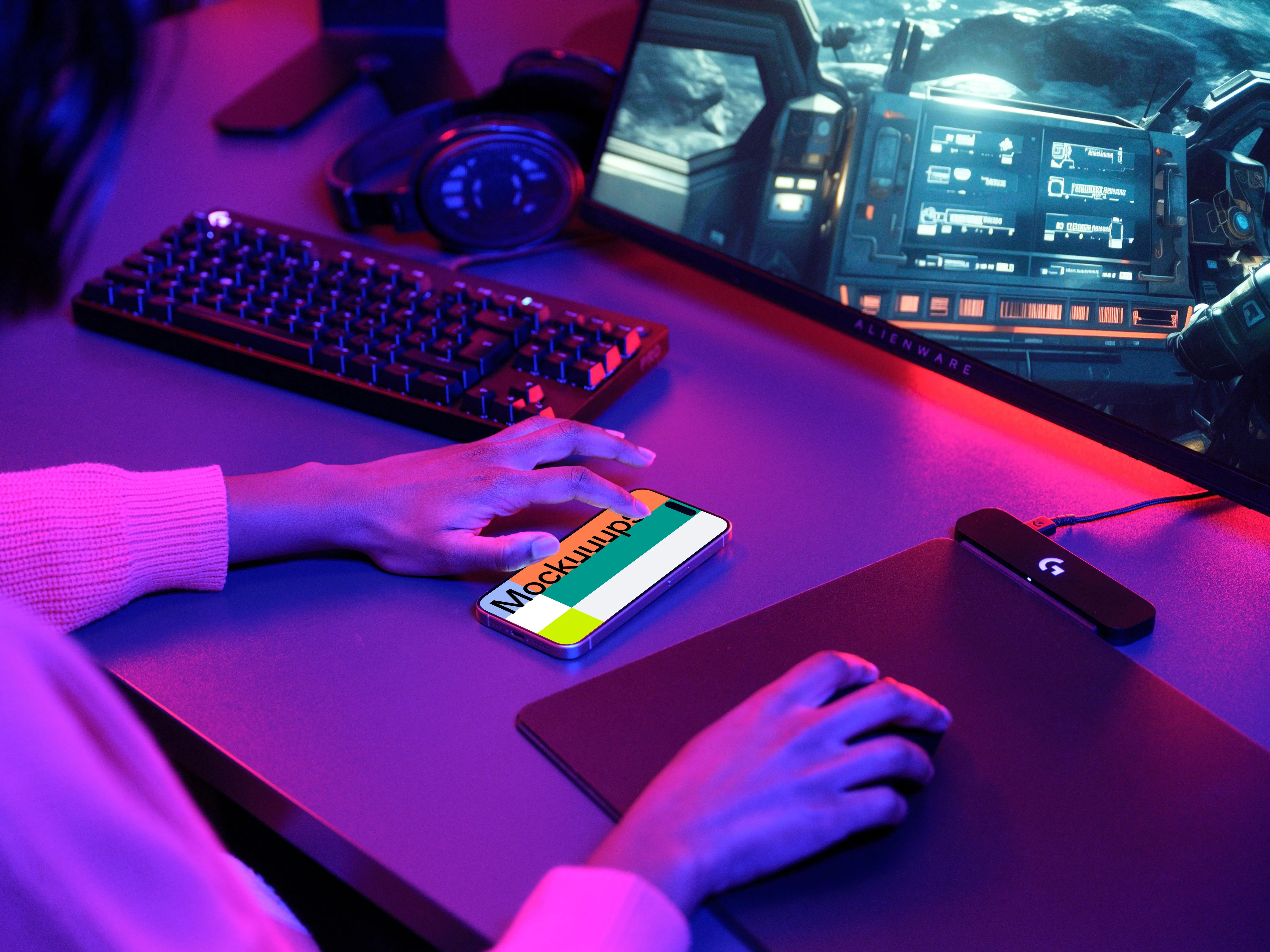 iPhone 15 Pro mockup in gaming environment