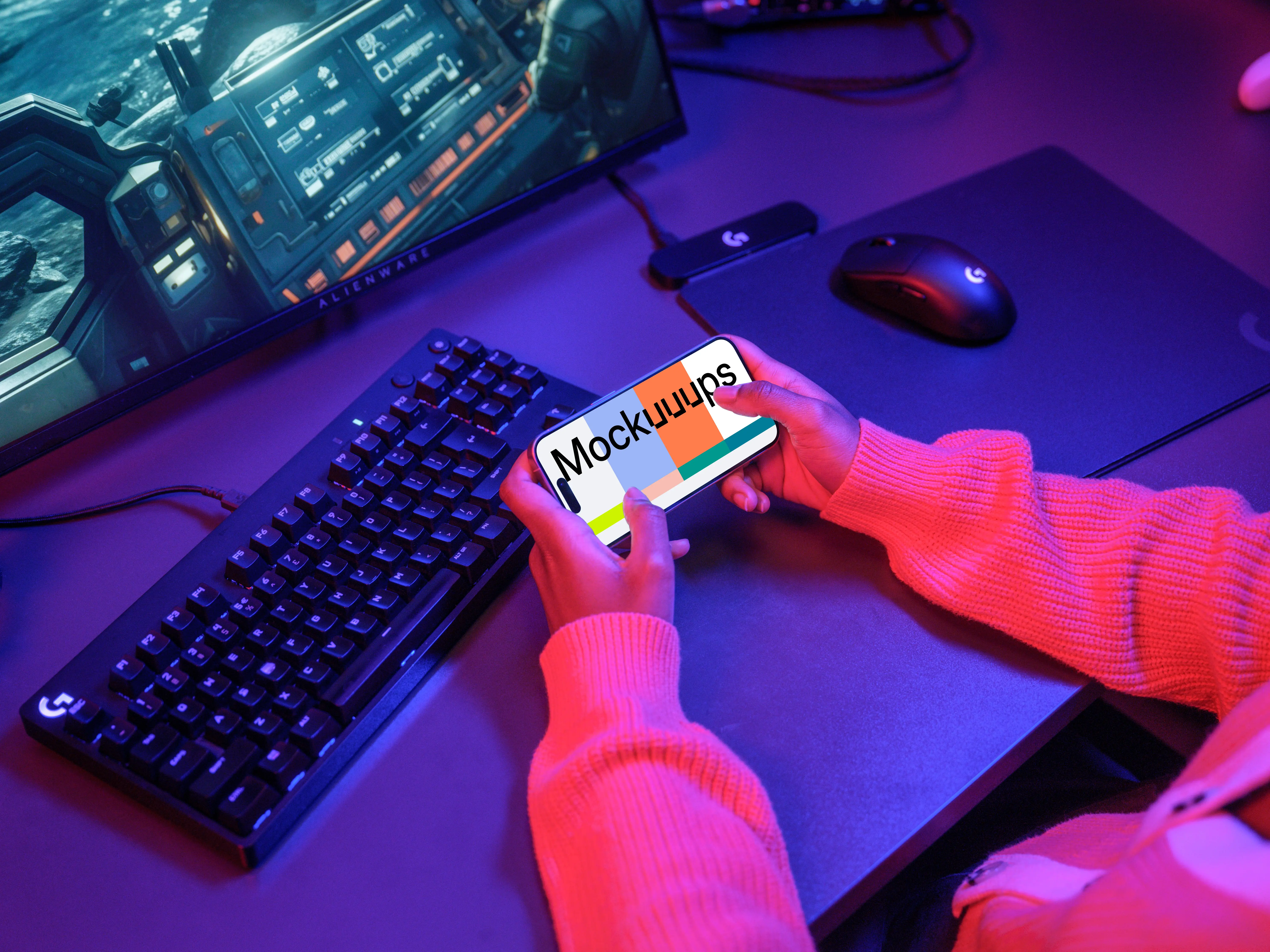 iPhone 15 Pro mockup in gaming setup