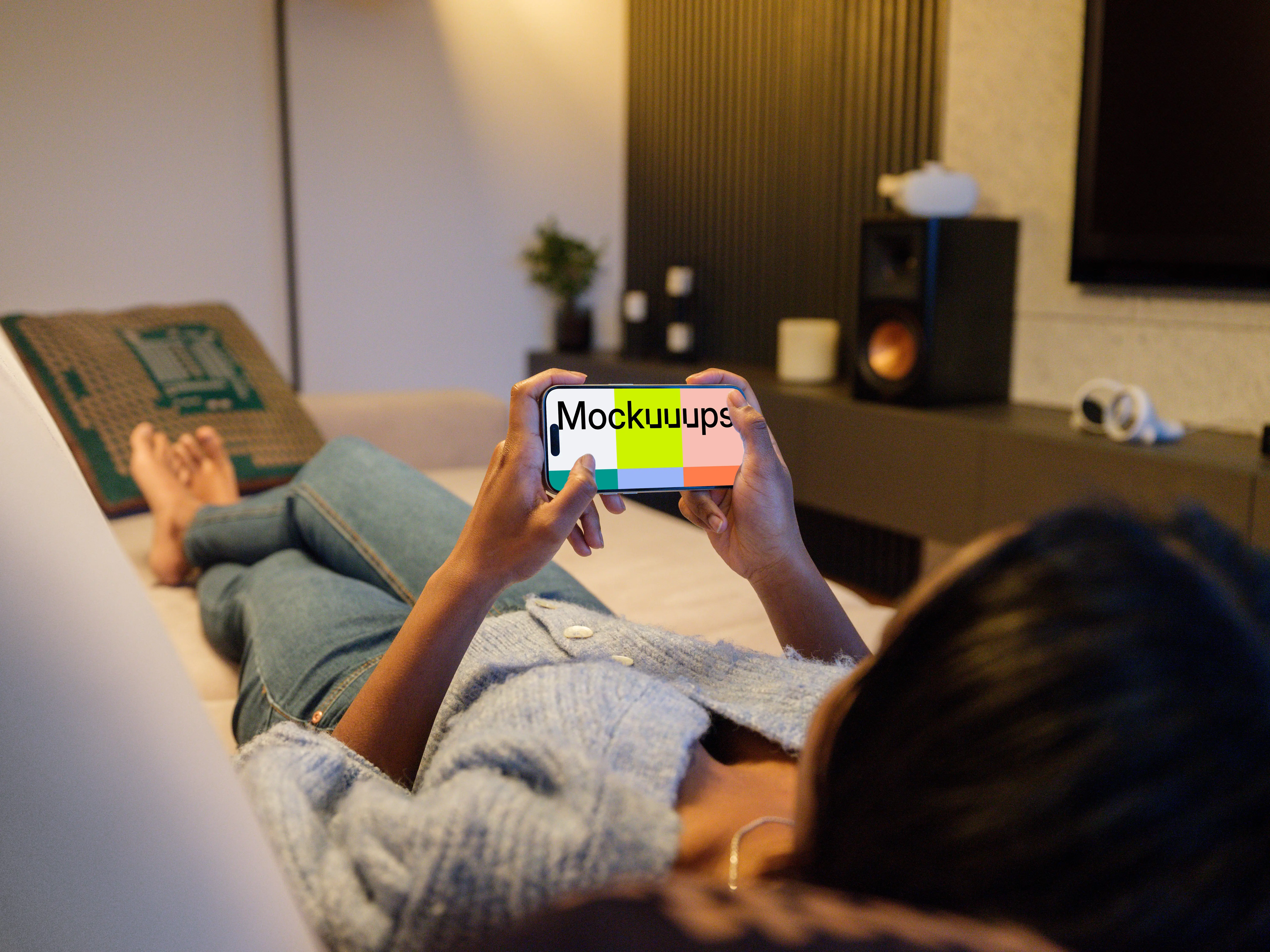 iPhone 15 Pro mockup in relaxed home setting