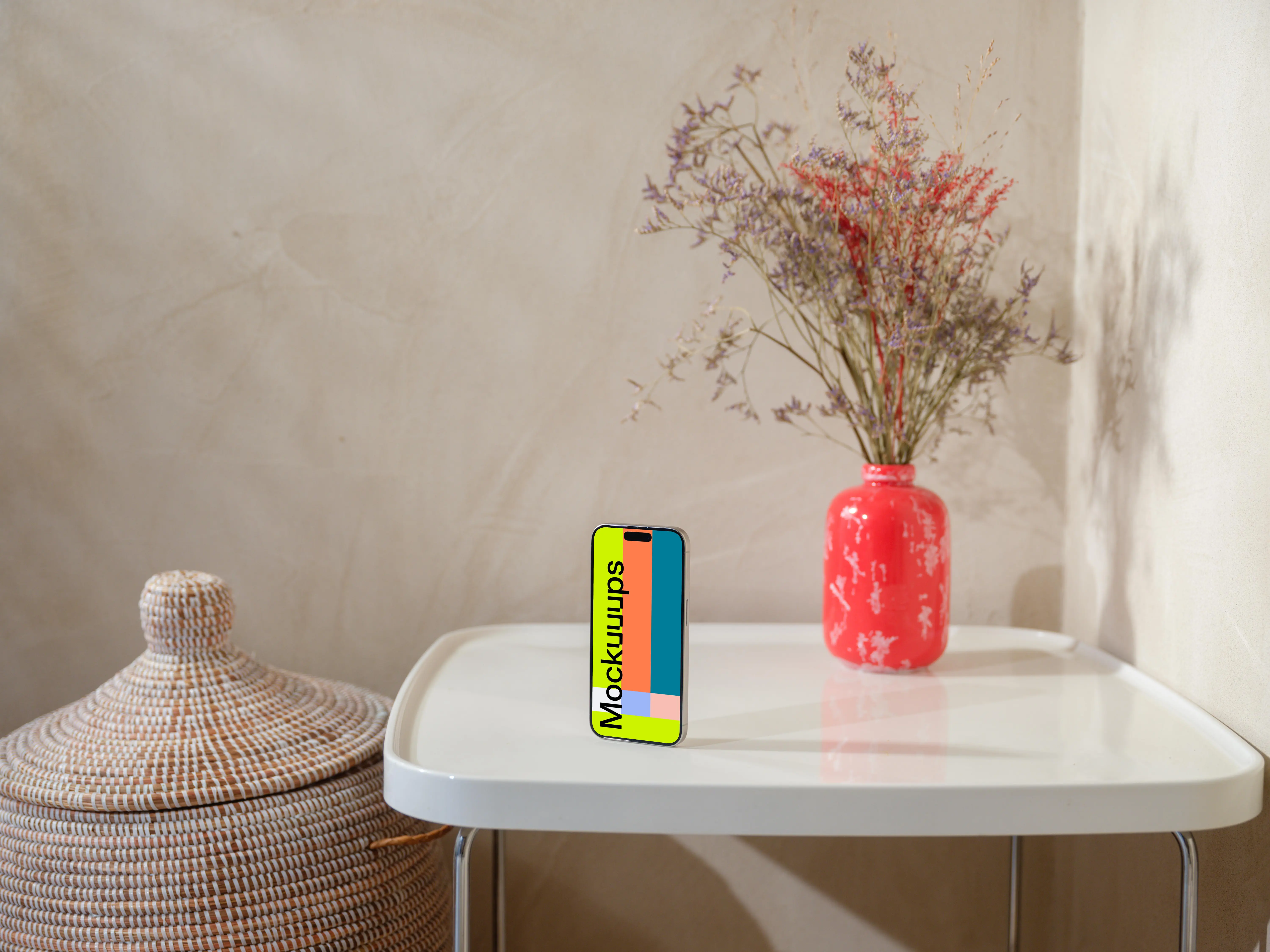 iPhone 15 Pro mockup on a cozy home table with flowers