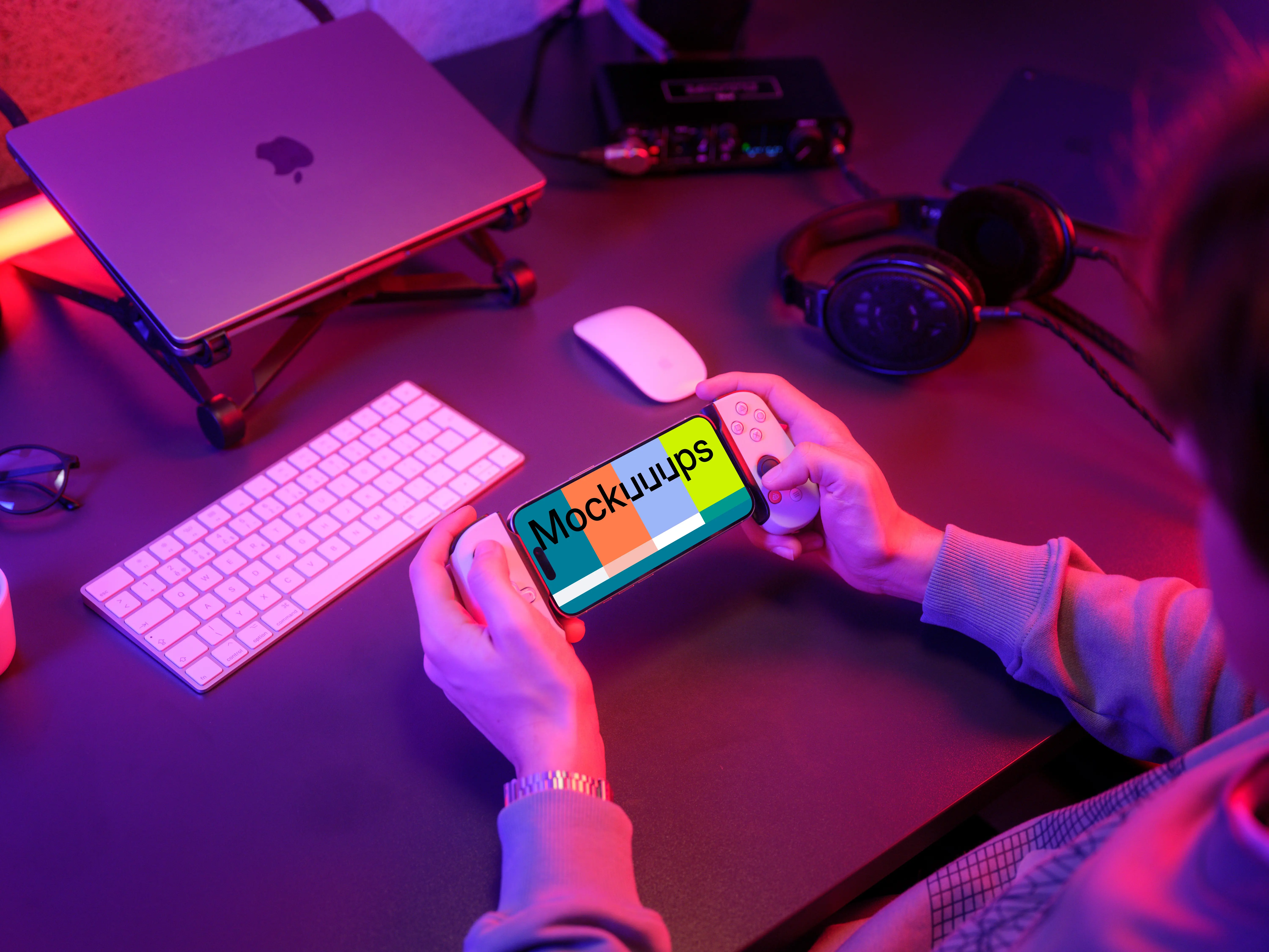 iPhone 15 Pro mockup with gaming setup