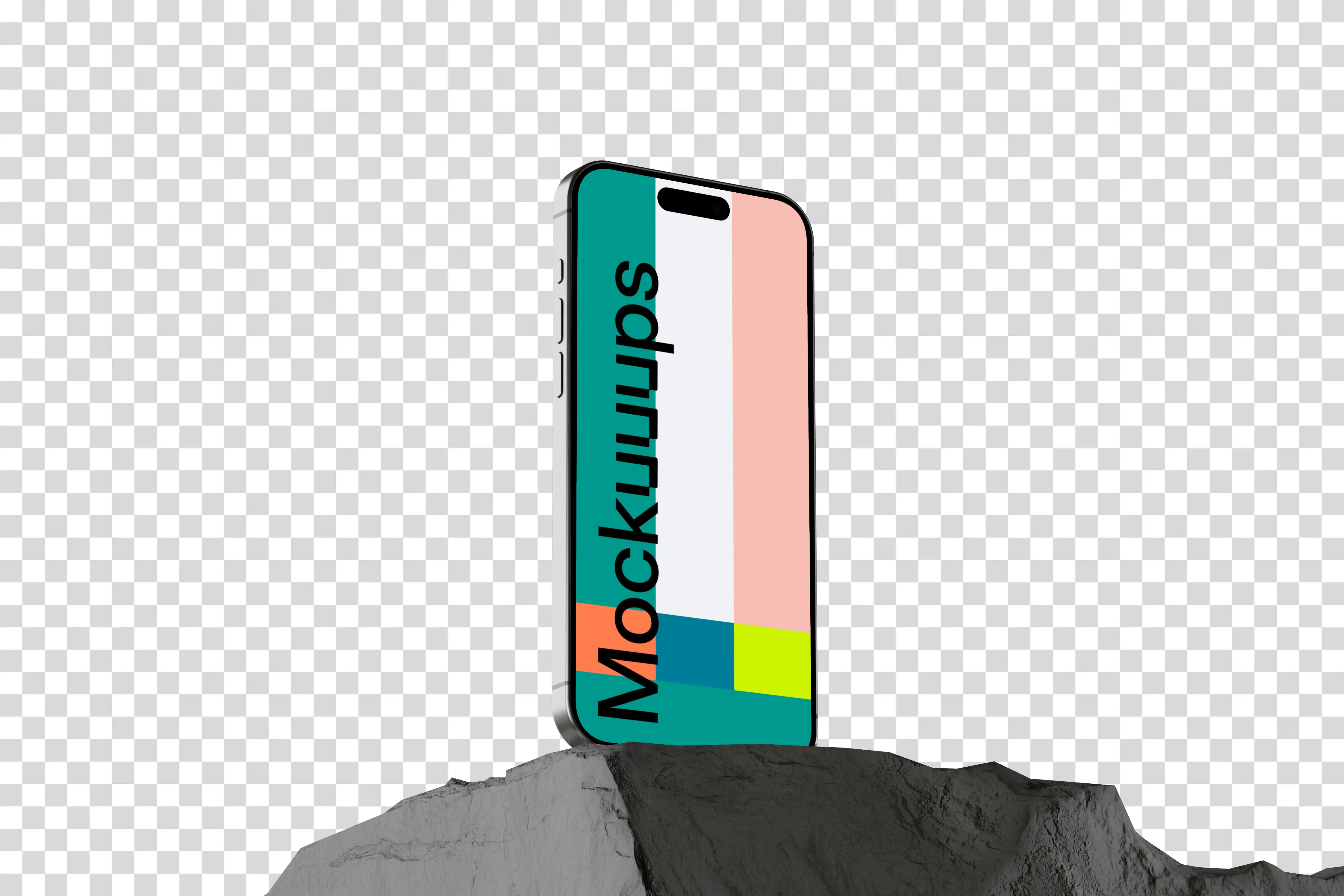 iPhone 15 Pro mockup with textured rock base