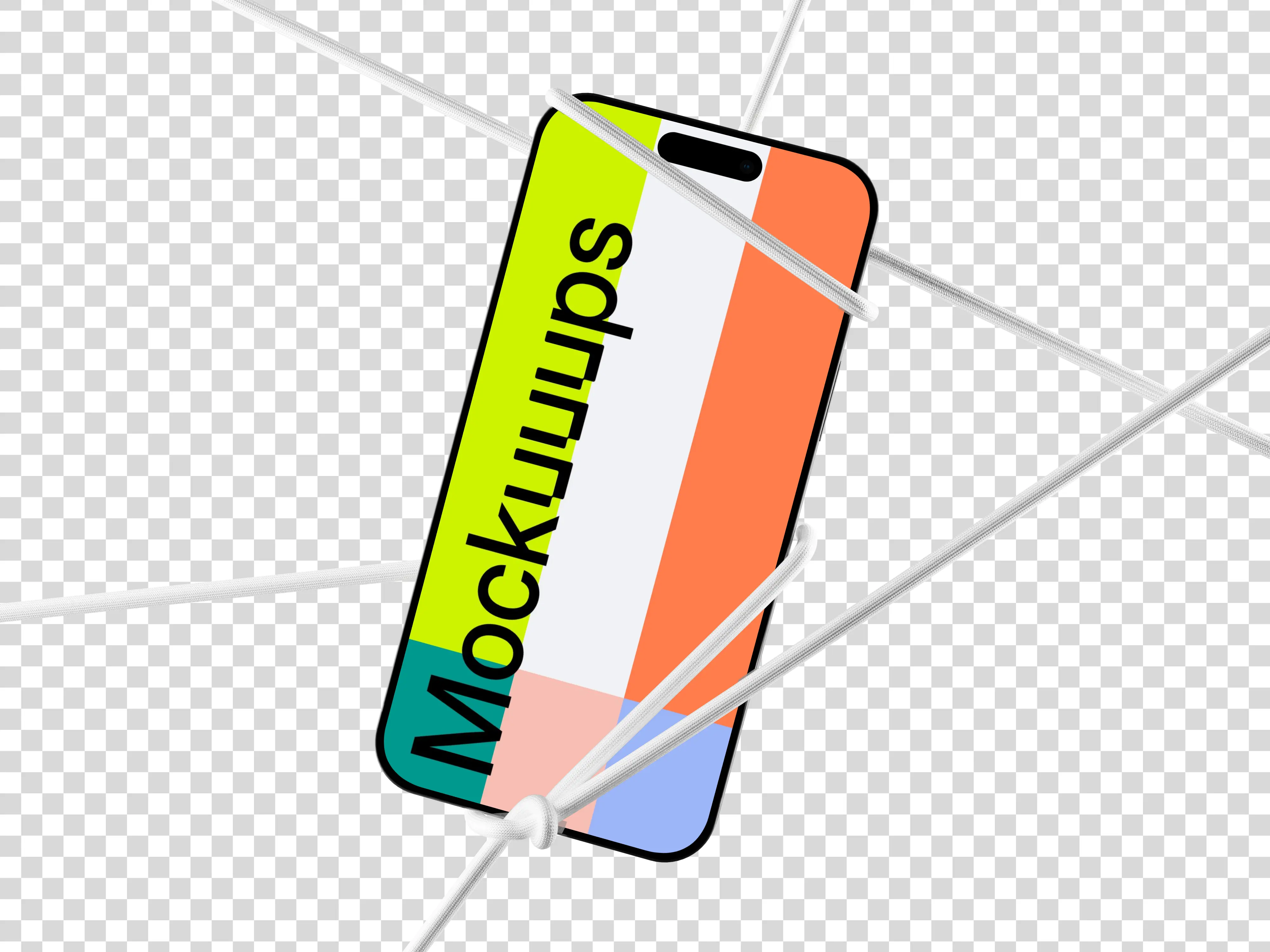 iPhone 16 mockup held by ropes