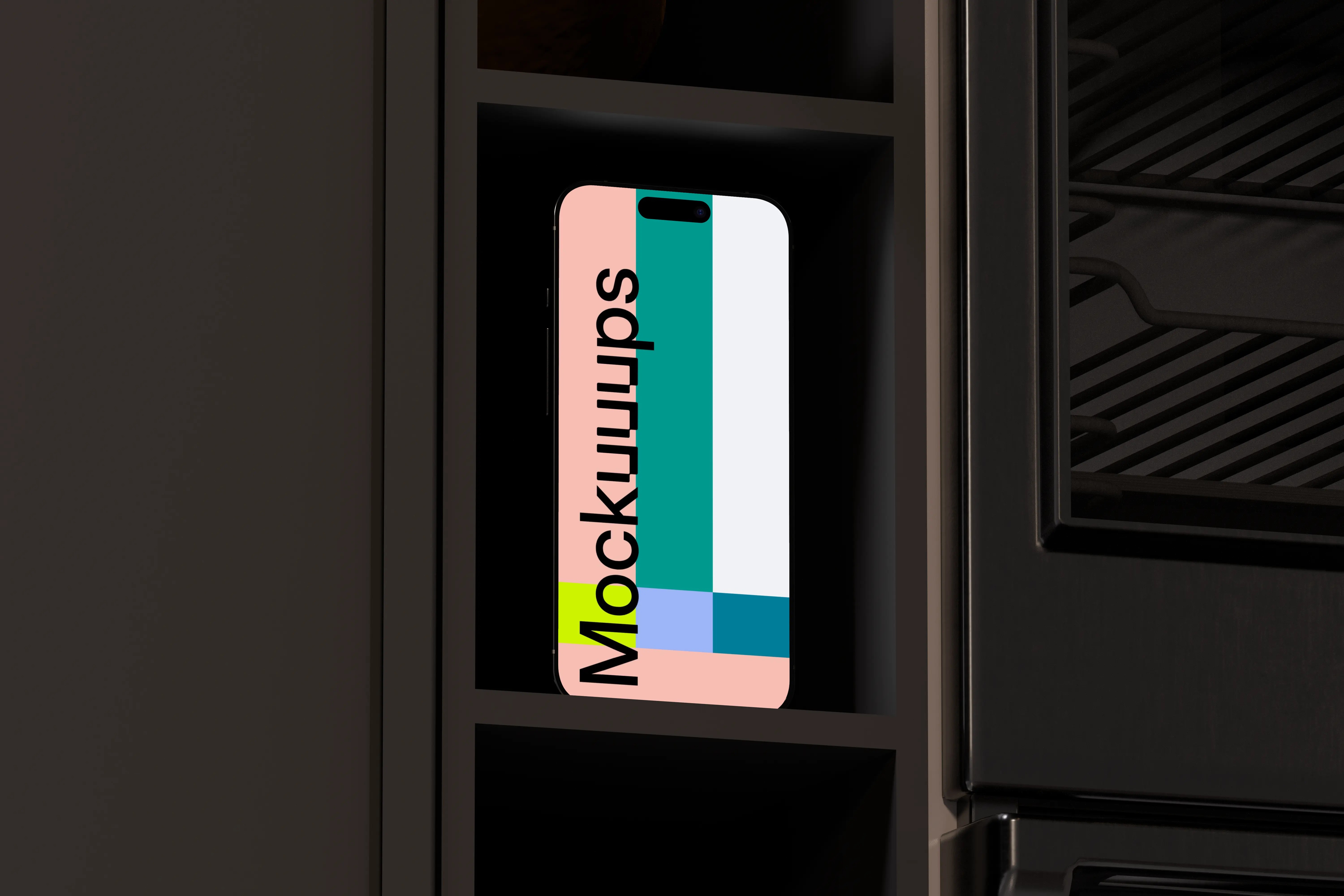 iPhone 16 mockup in a dark shelf scene
