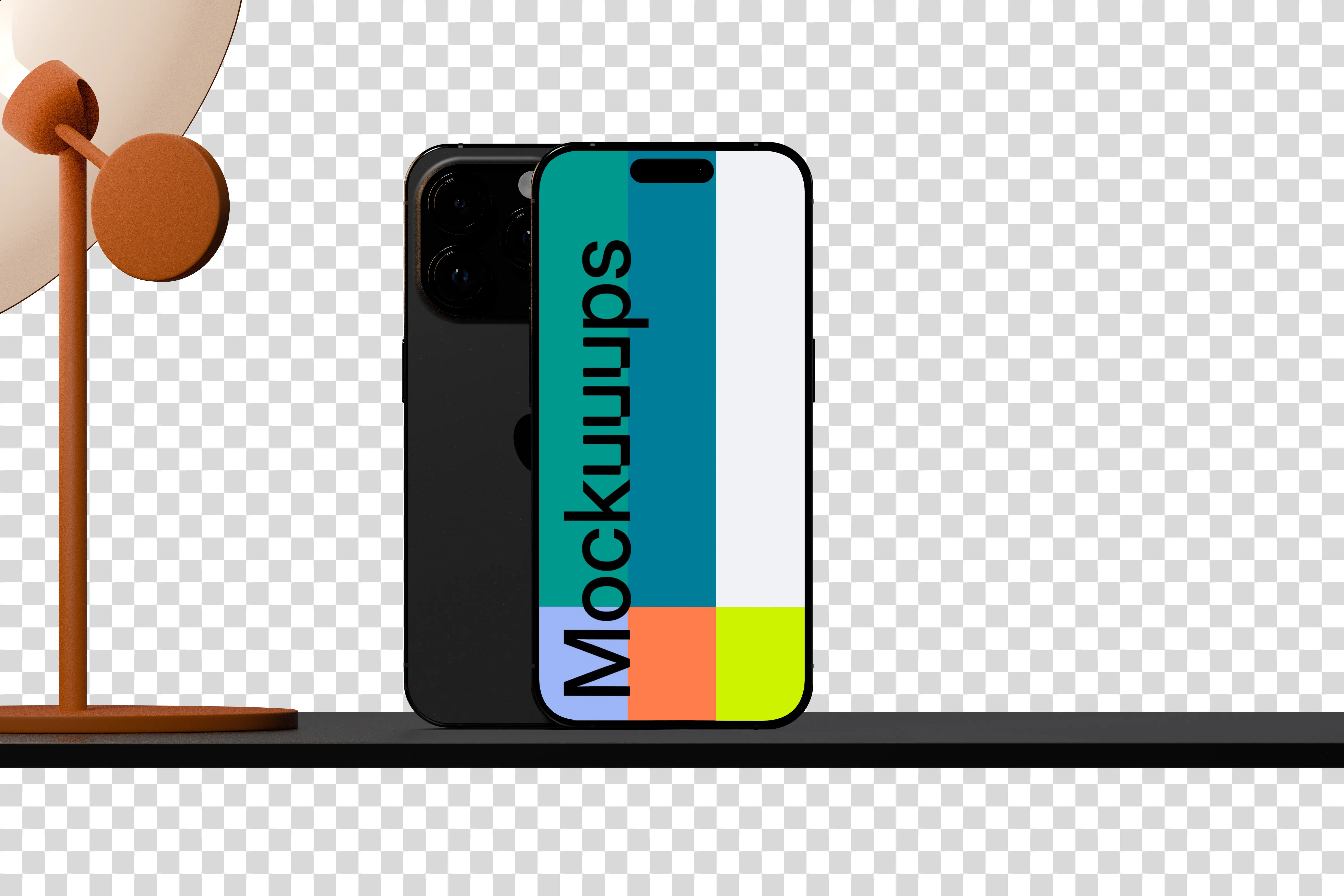 iPhone 16 mockup on dark wooden surface