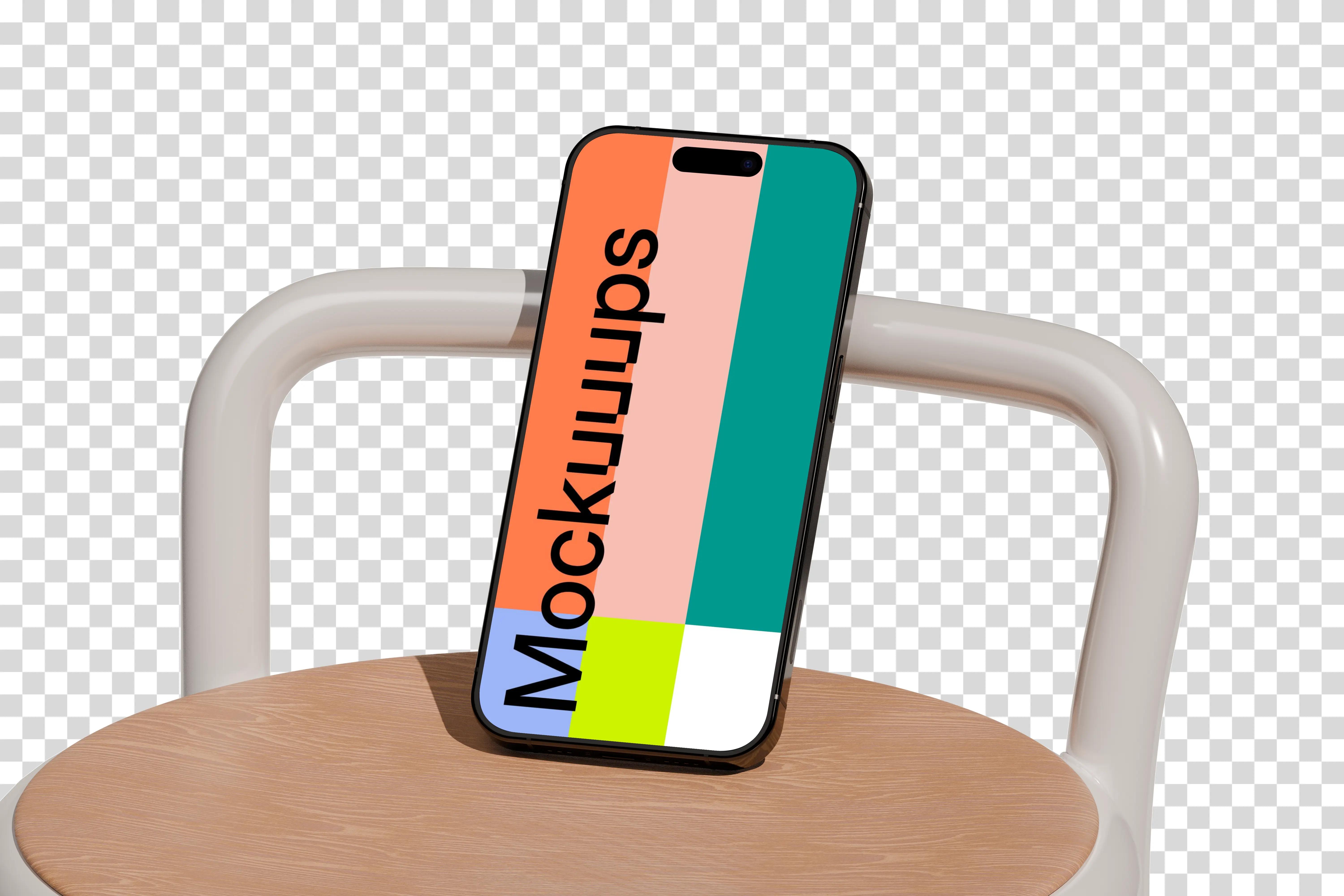 iPhone 16 mockup standing on a chair with no background