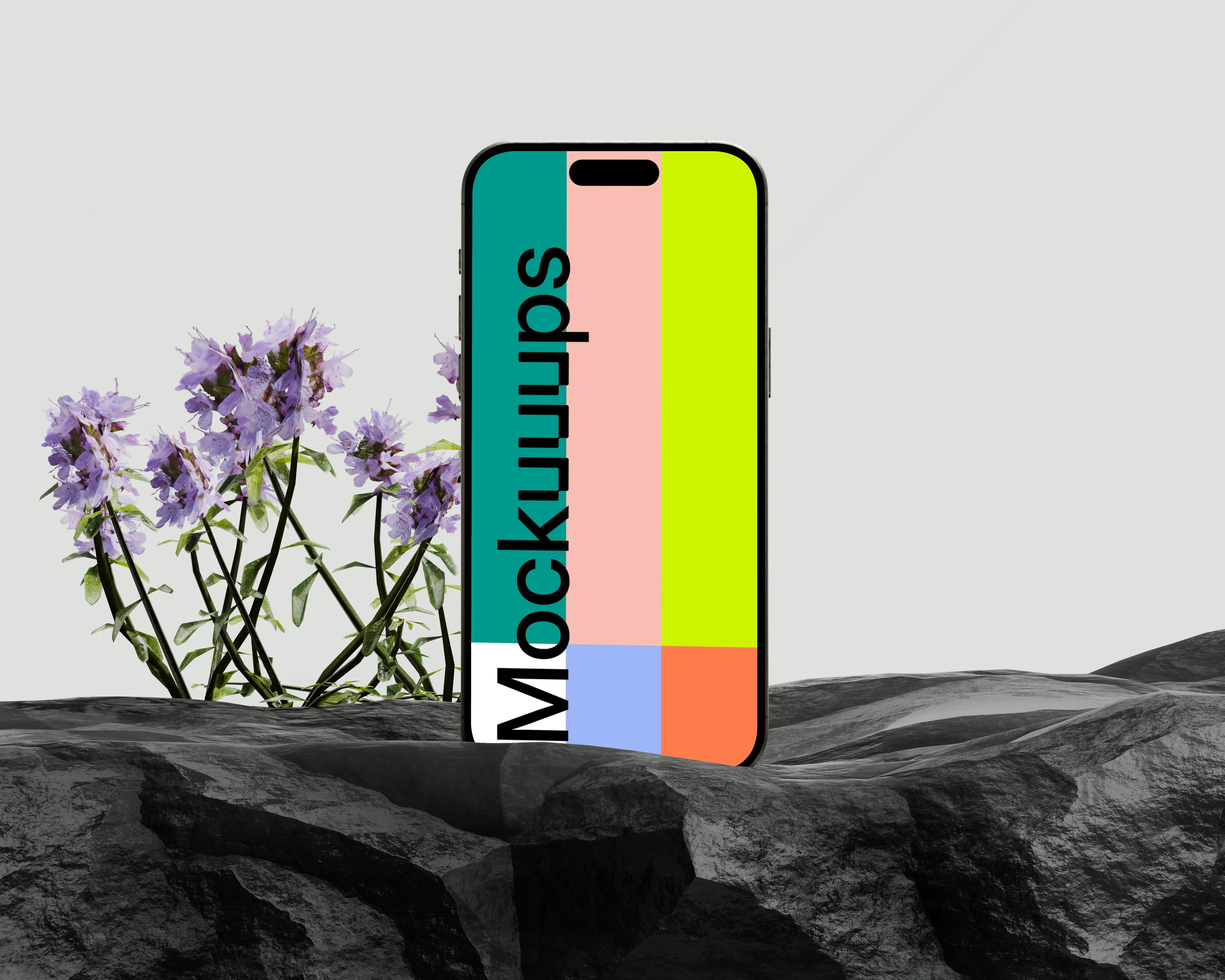 iPhone 16 mockup with floral and stone elements