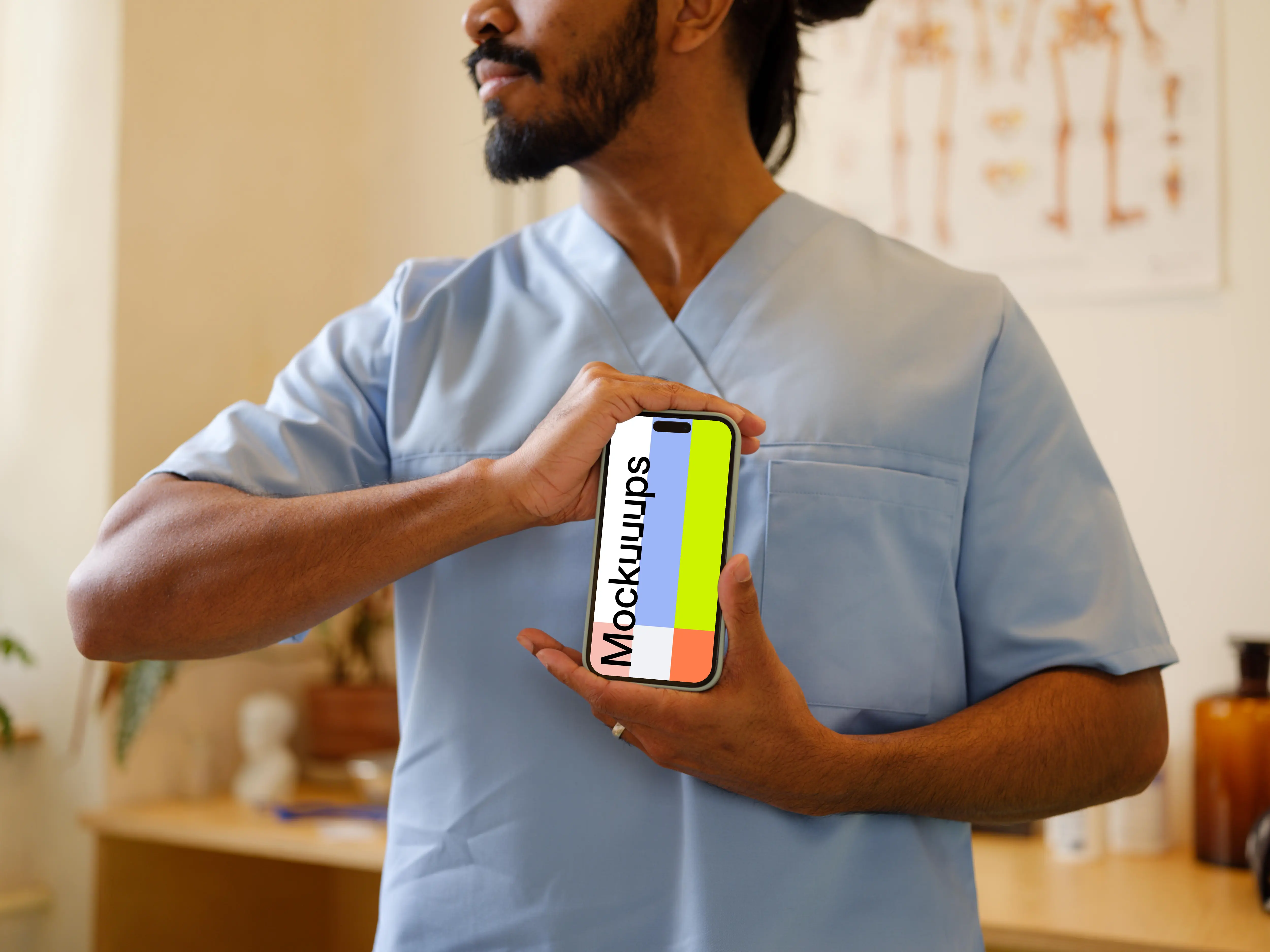 iPhone mockup in doctor’s hands
