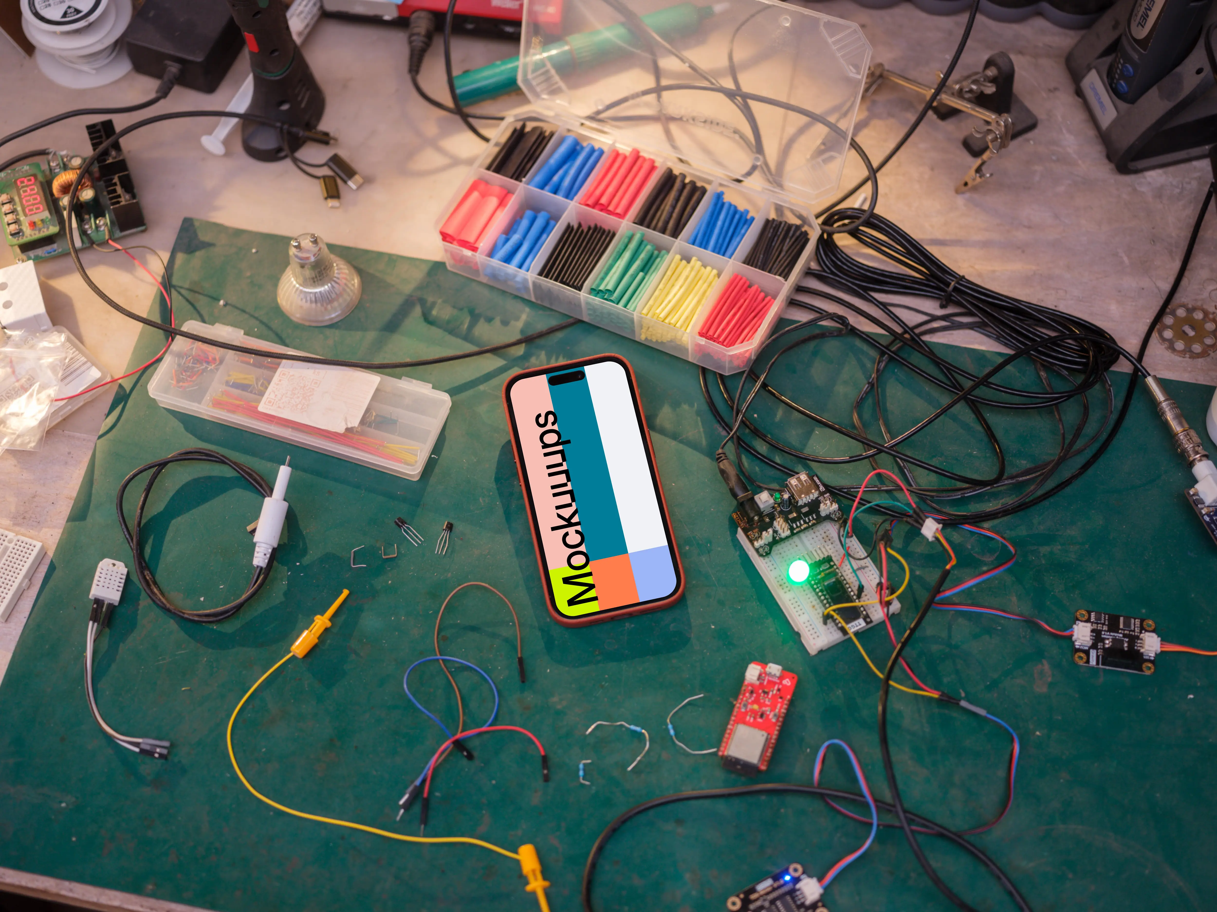 iPhone mockup surrounded by electric tools