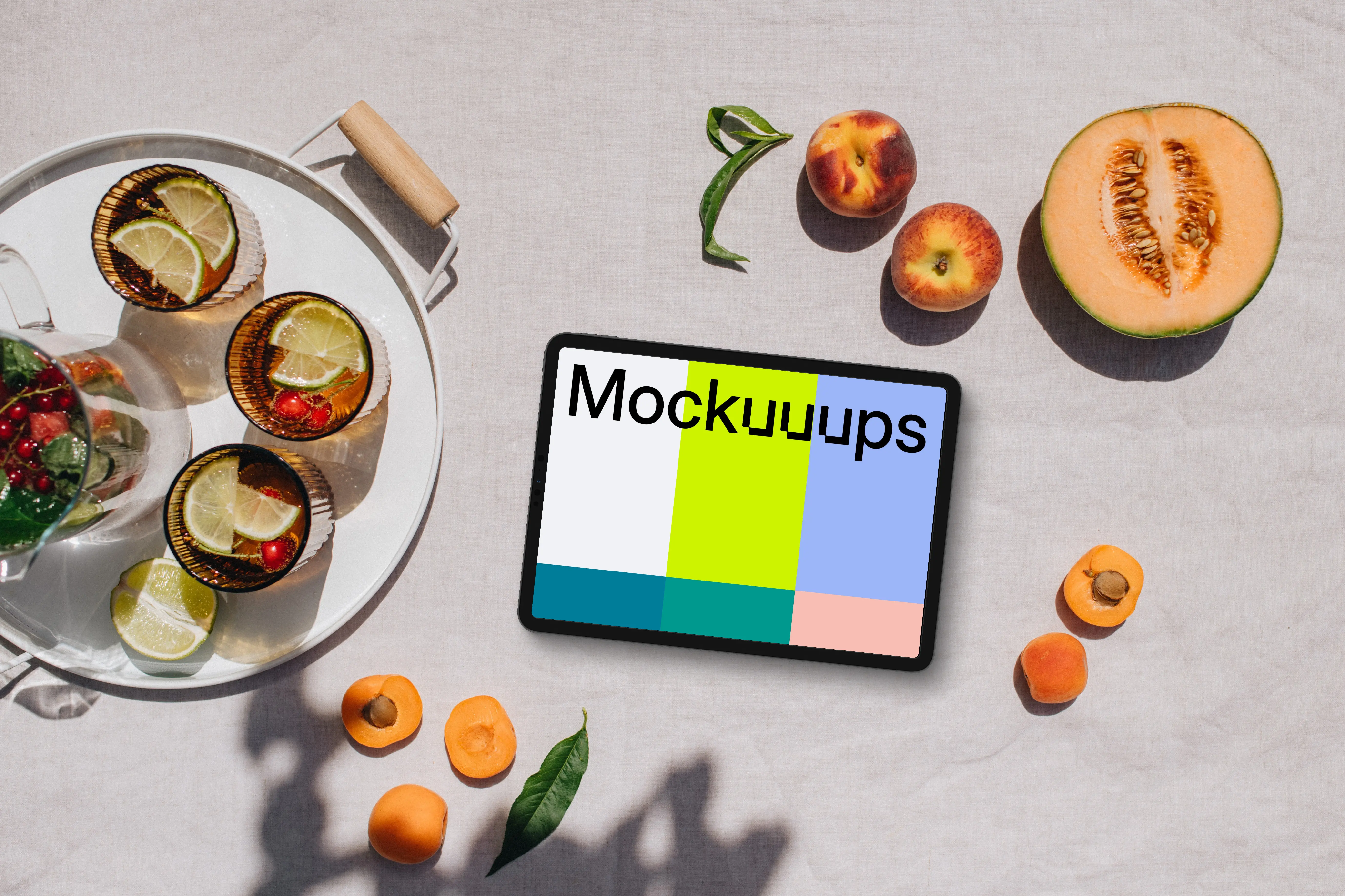 Landscape tablet mockup next to the fresh fruits