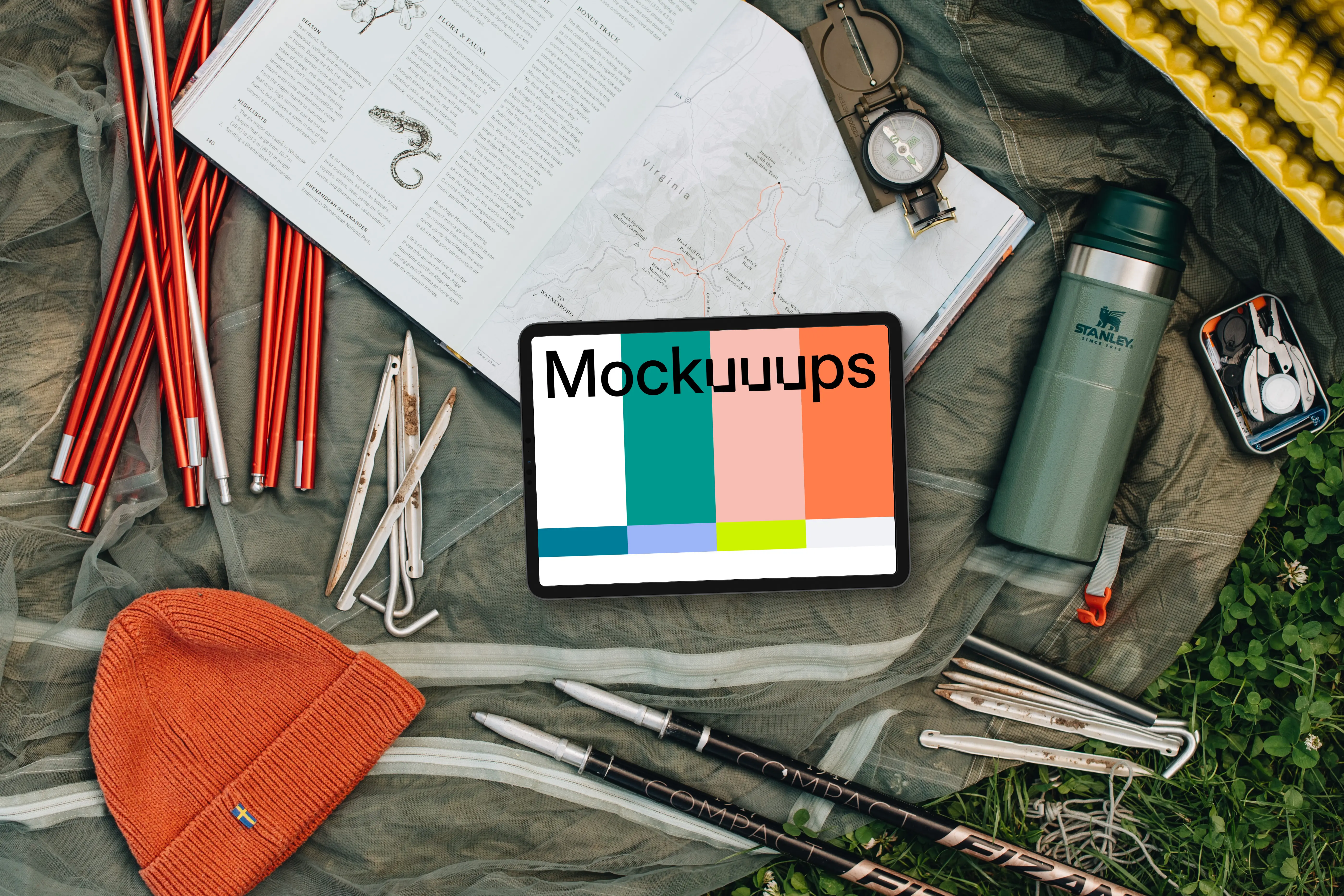 Landscape tablet mockup on camp grounds