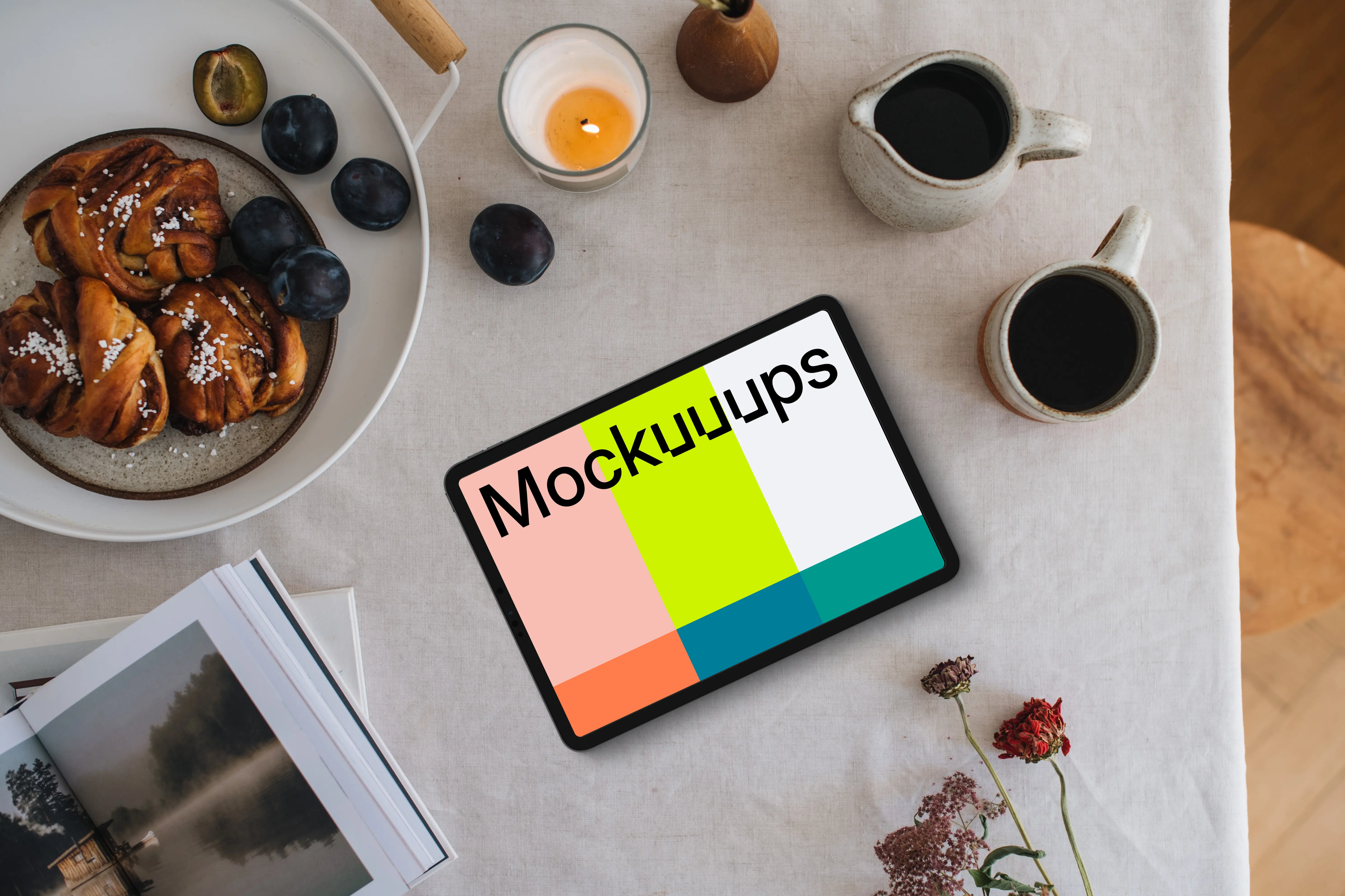 Landscape tablet mockup on the dinning table