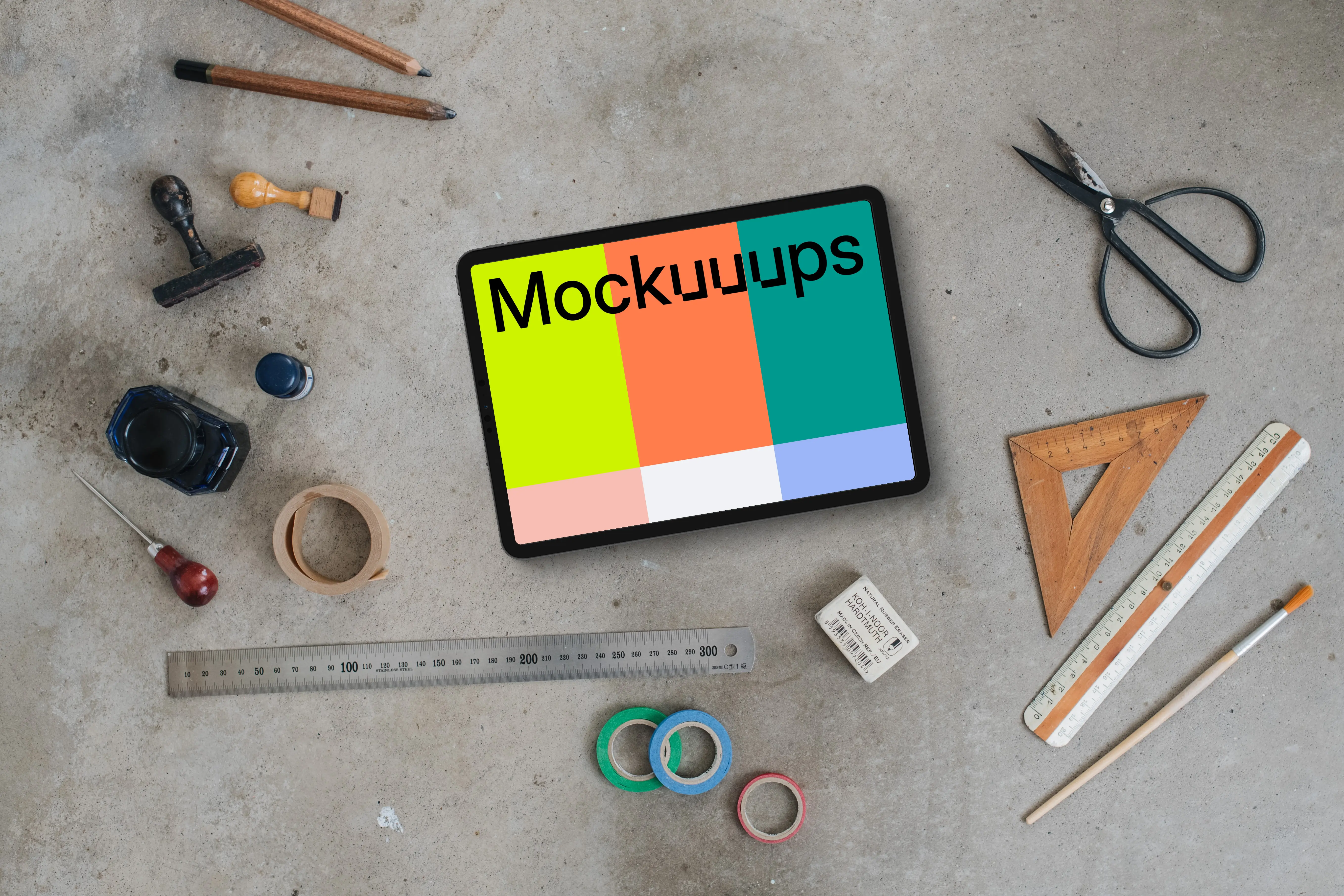 Landscape tablet mockup with a ruler on the side