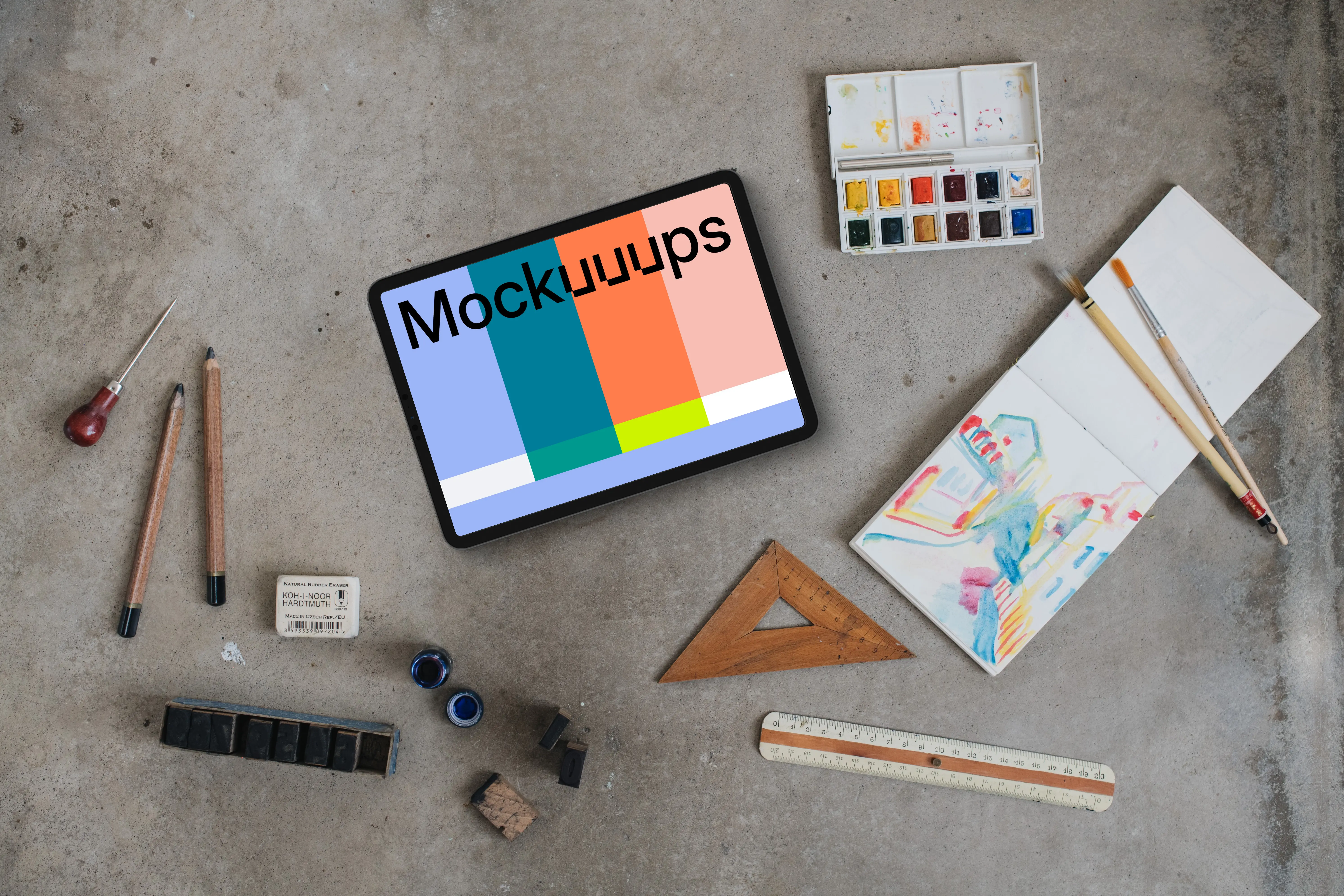 Landscape tablet mockup with a watercolour painting