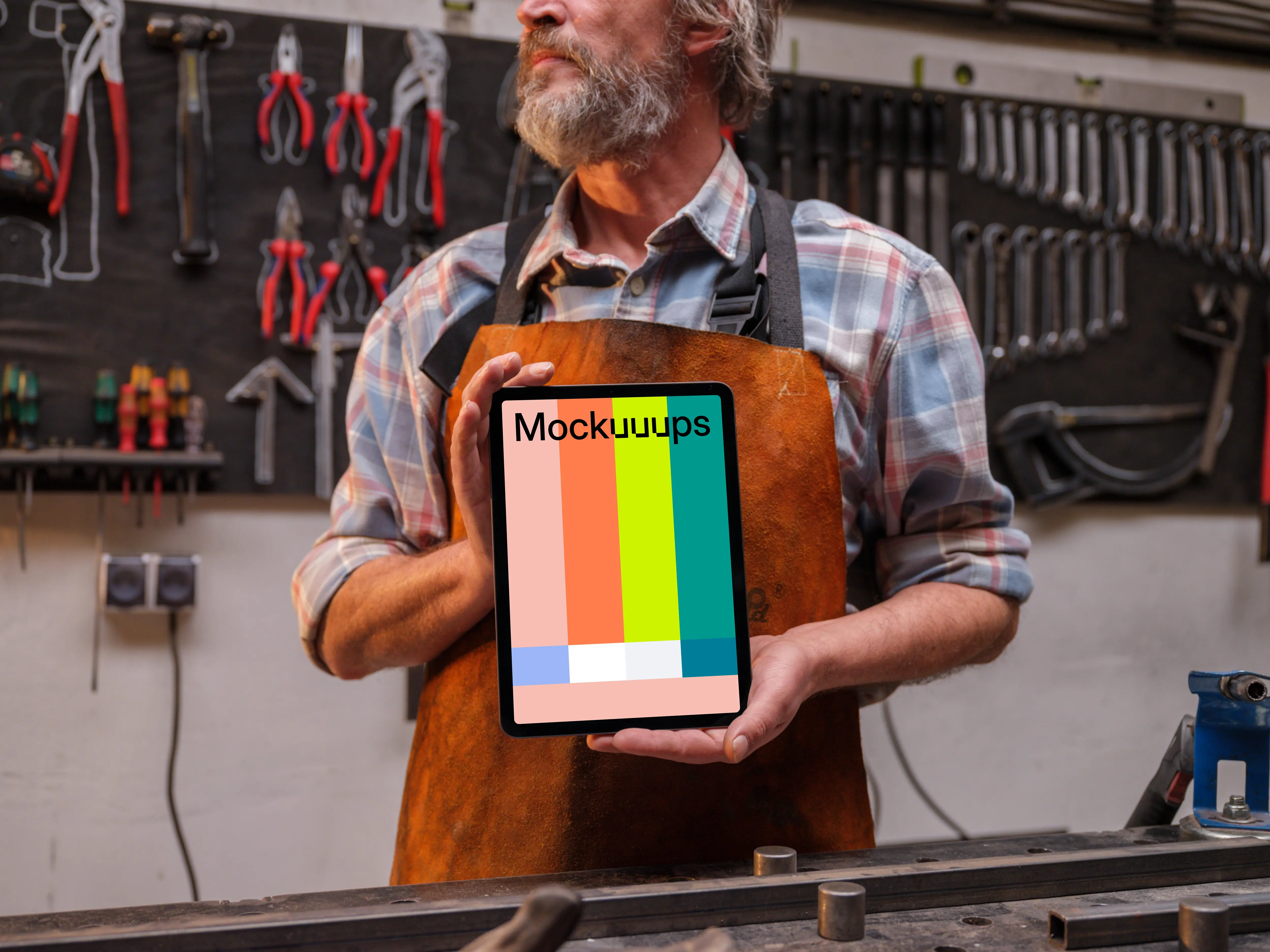 Leather crafter holding an iPad mockup