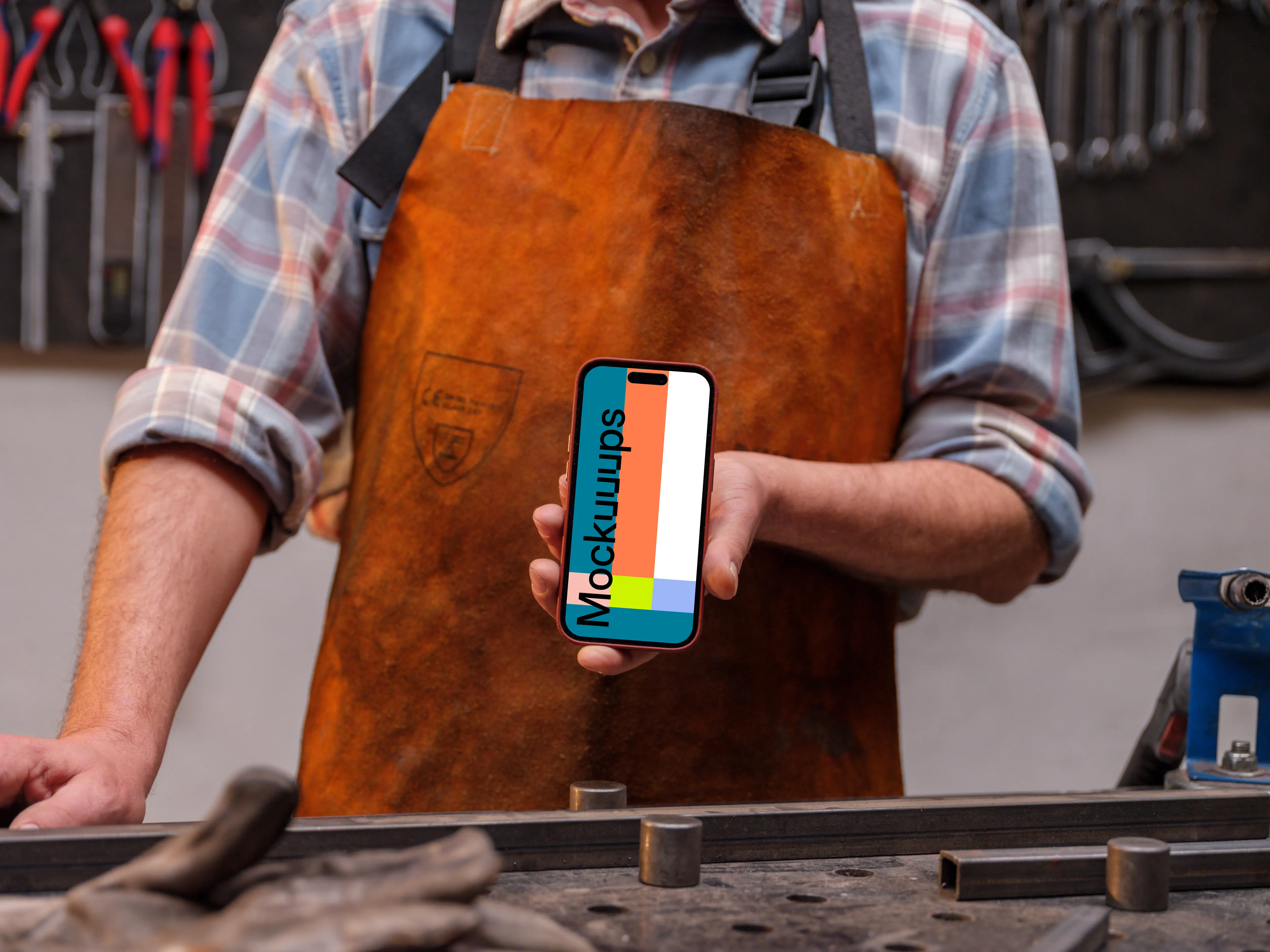 Leather crafter holding an iPhone mockup