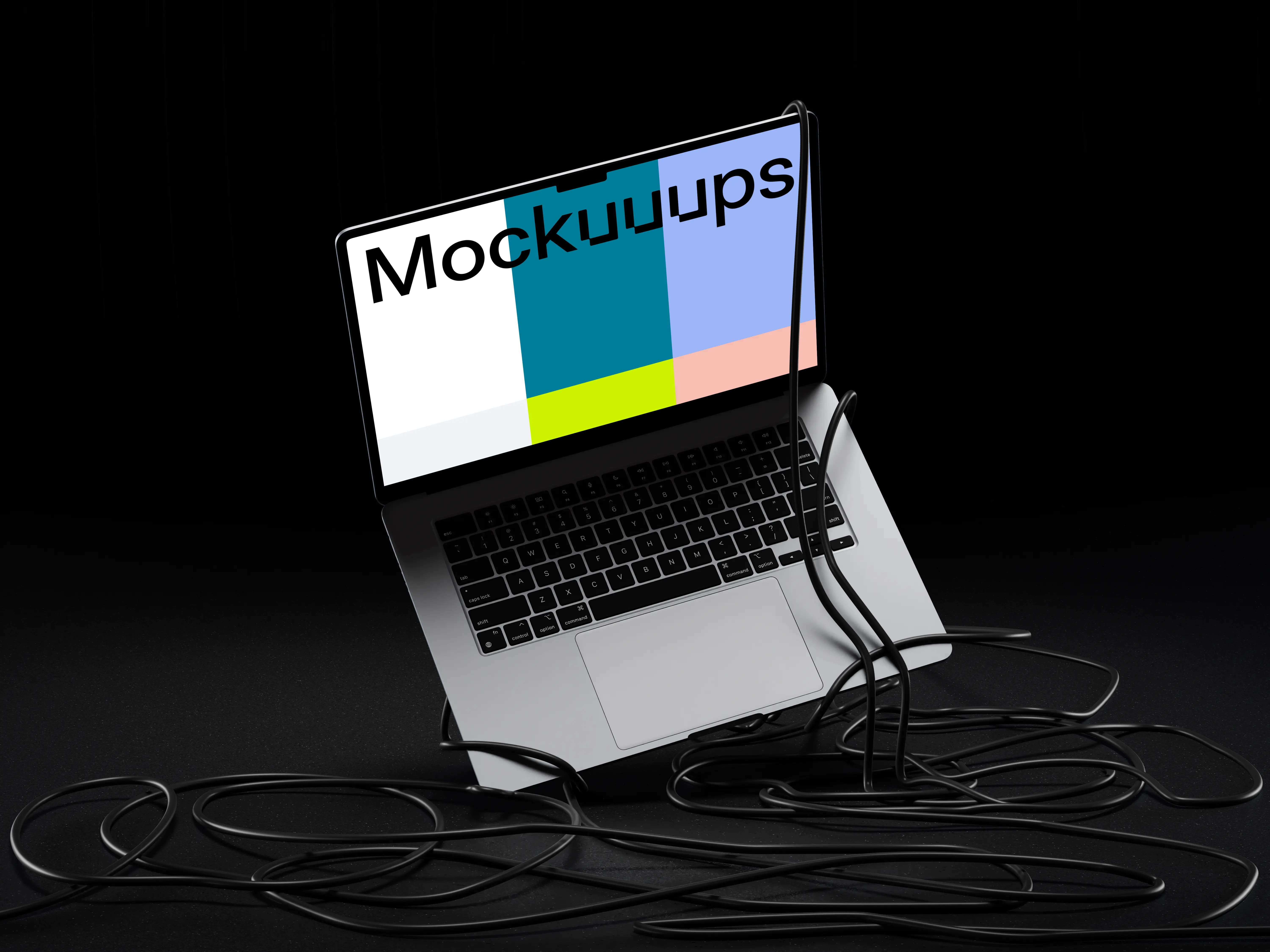 MacBook Air mockup with tangled cables on dark background
