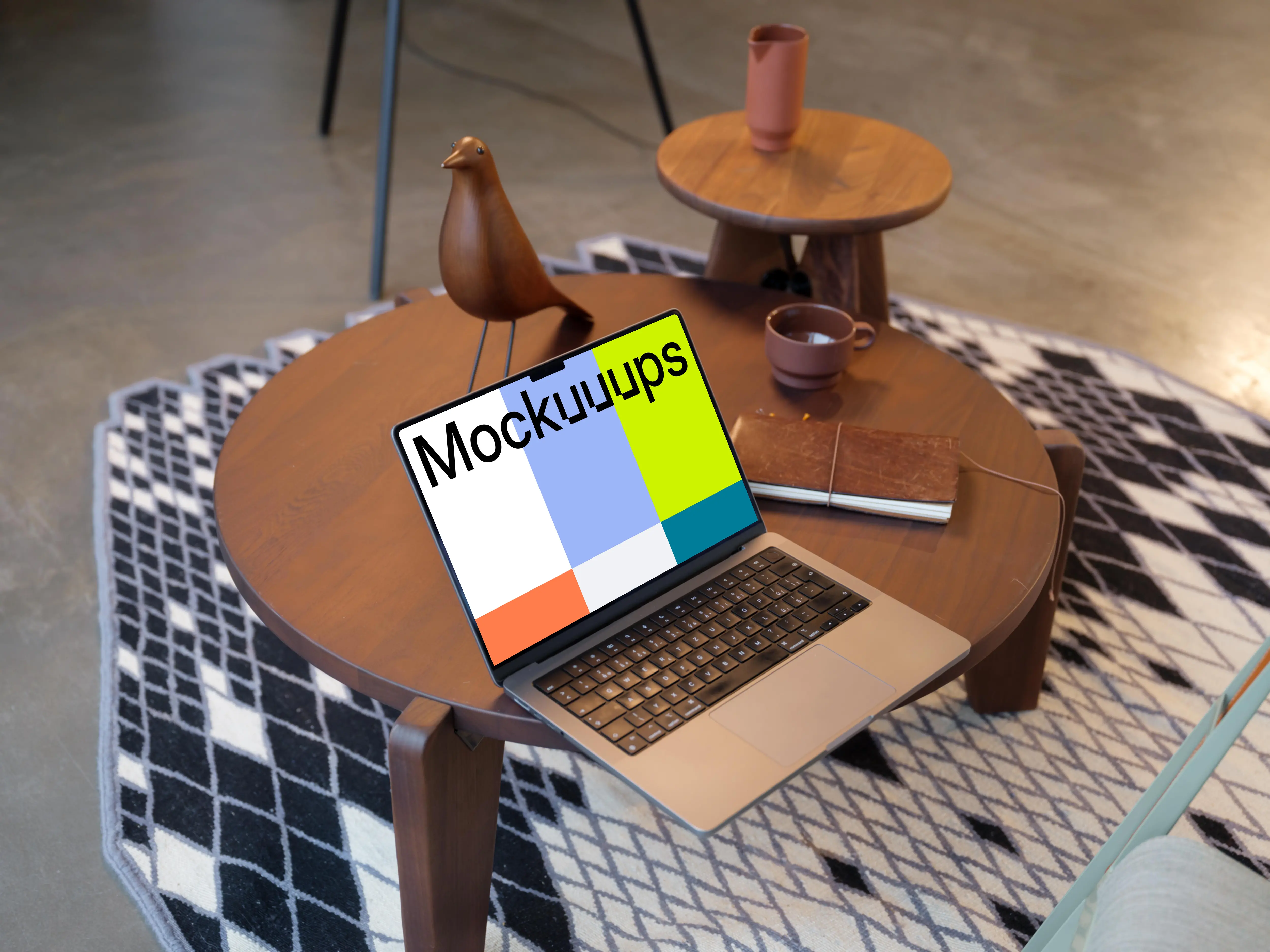 MacBook Pro 14 mockup on wooden table