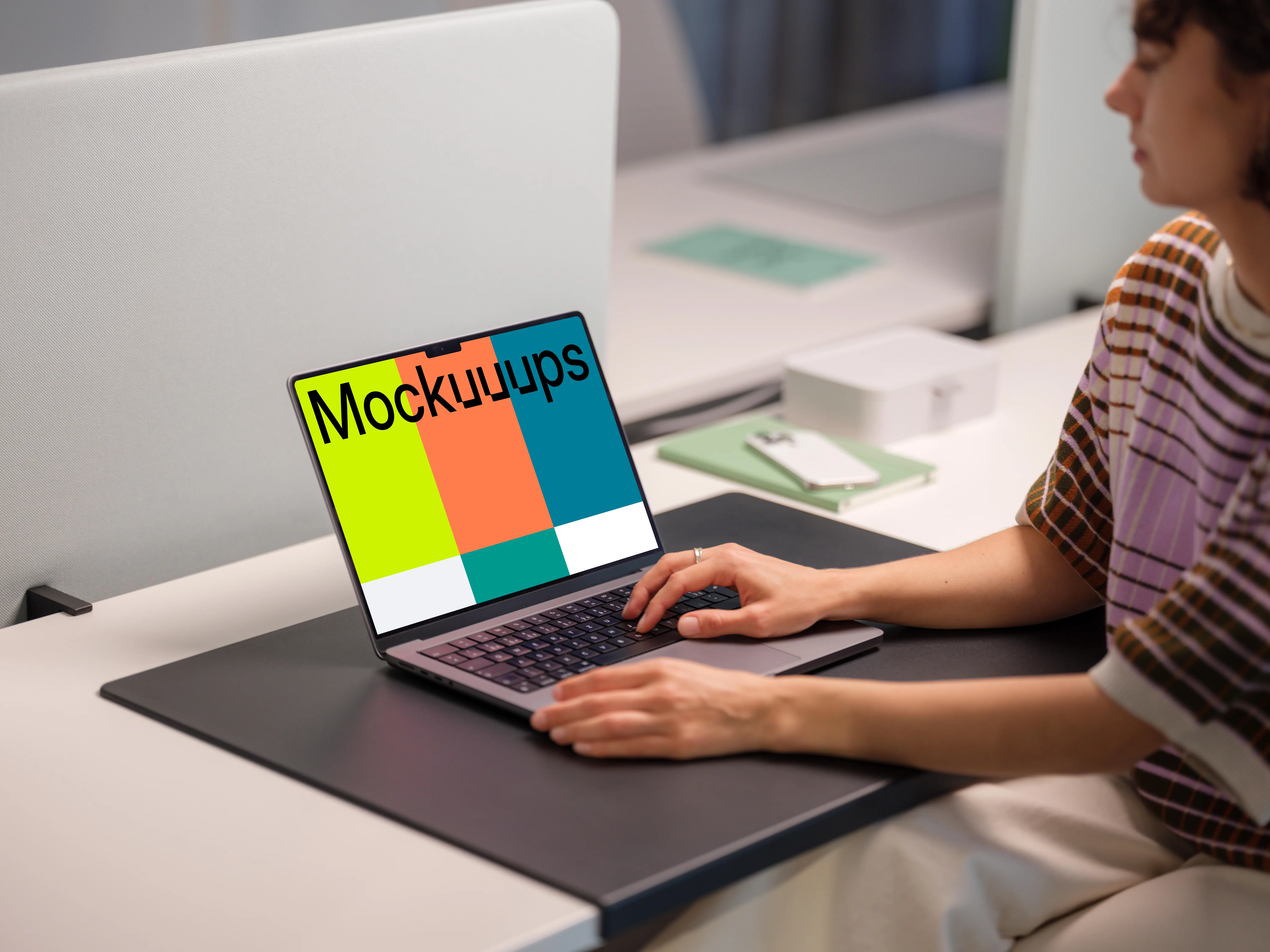 MacBook Pro 14 mockup with female professional in office setting