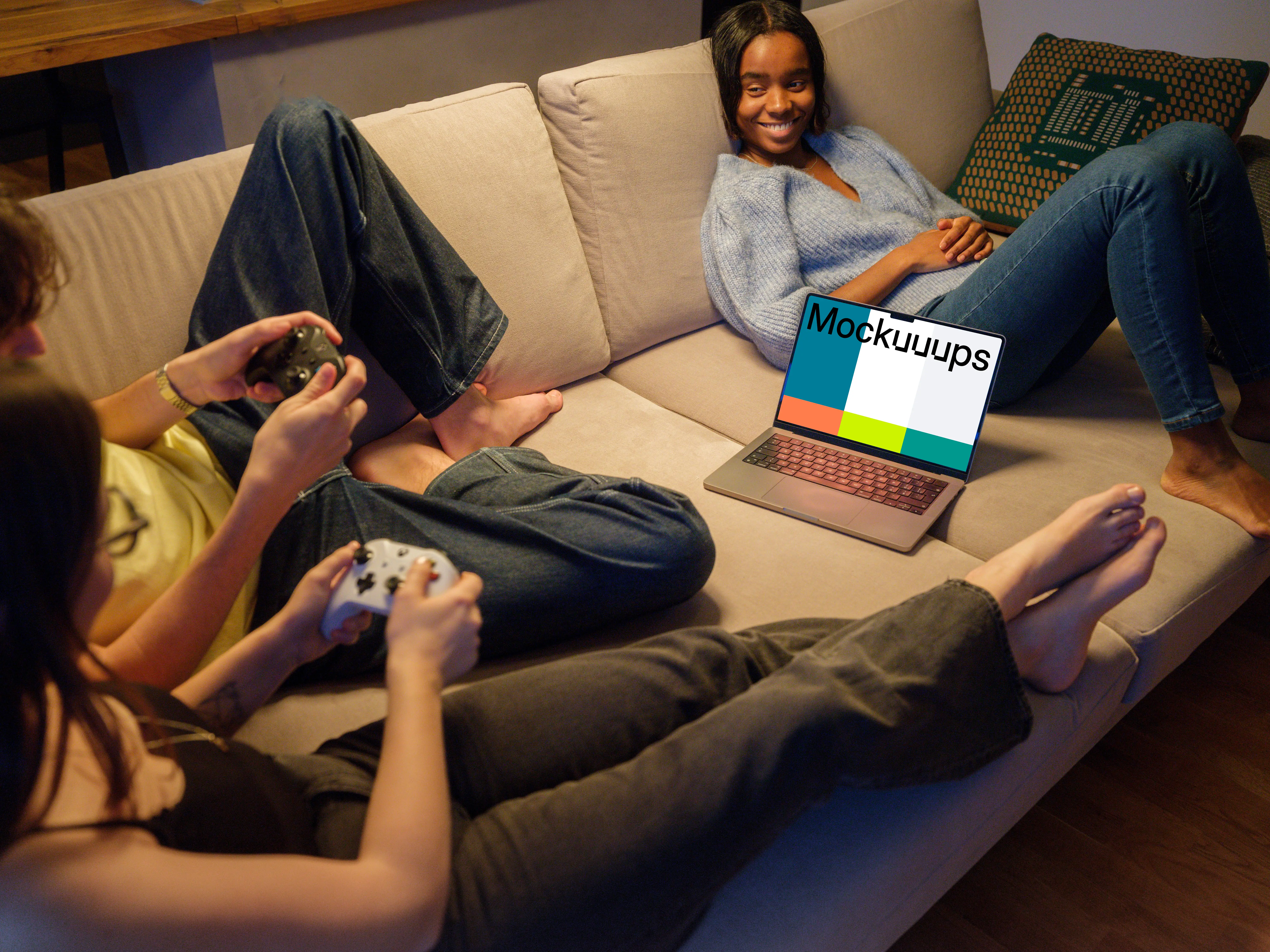 MacBook Pro mockup in cozy gaming session