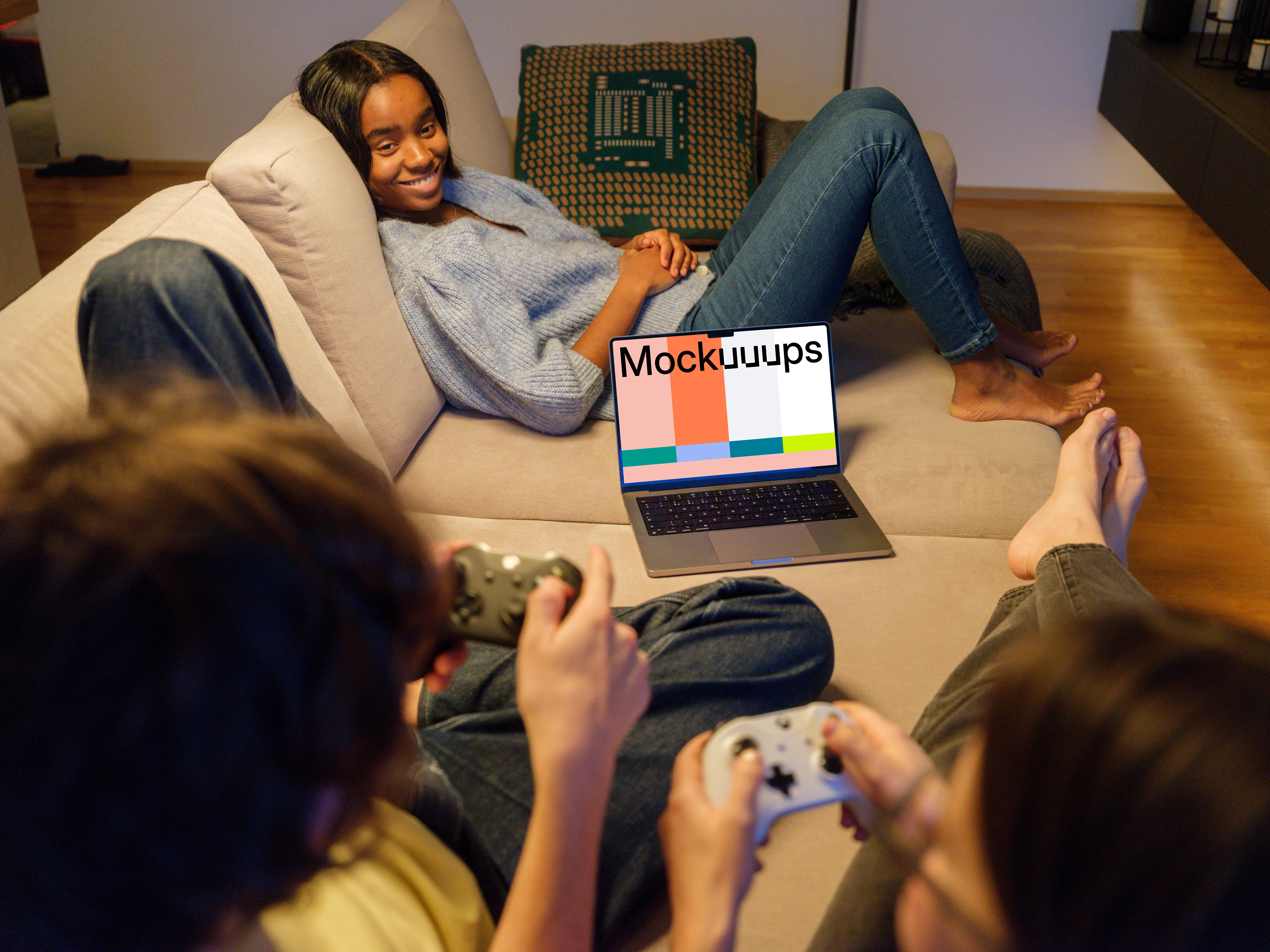 MacBook Pro mockup in cozy gaming setup