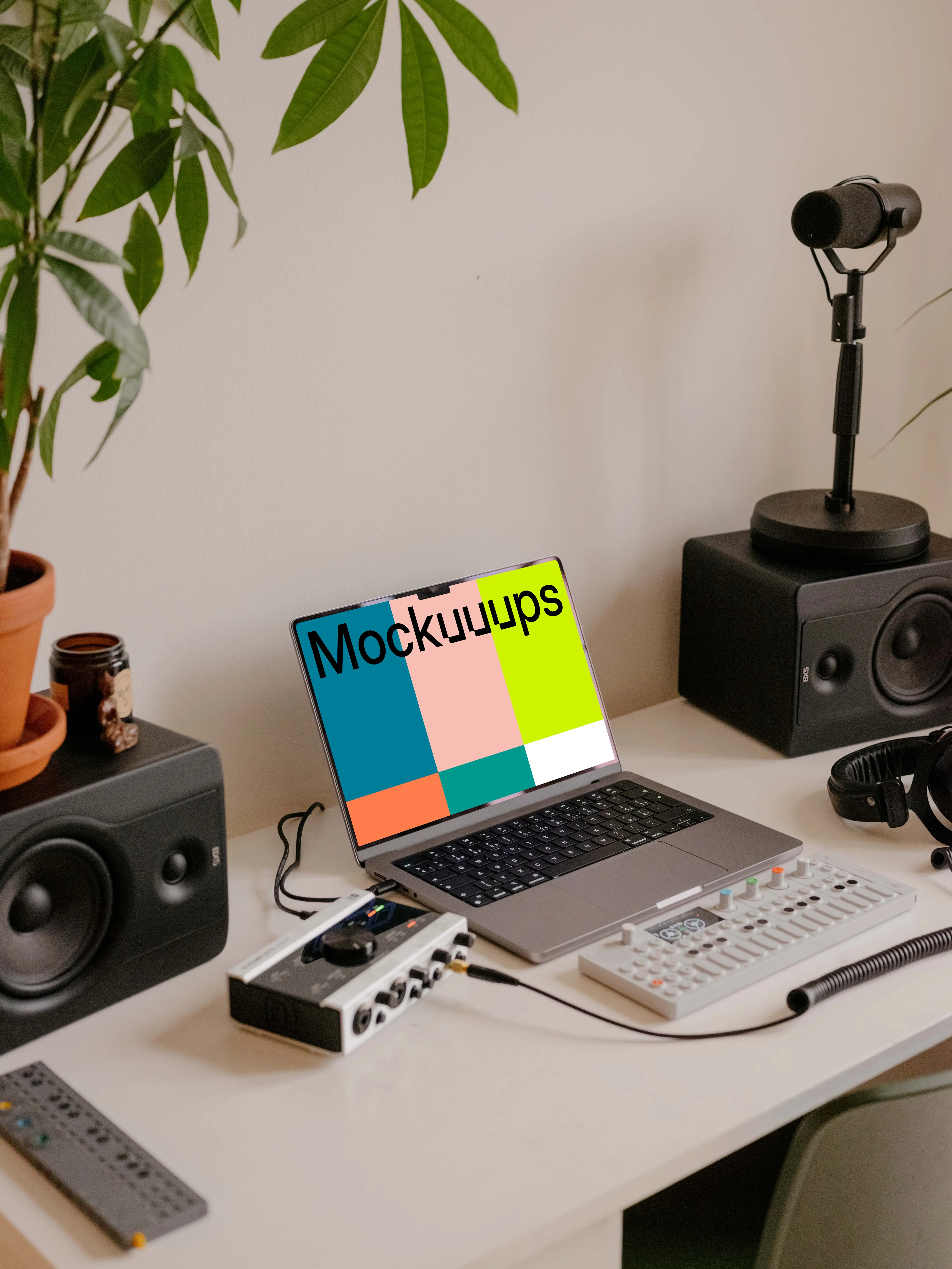 MacBook Pro mockup in the small podcast studio