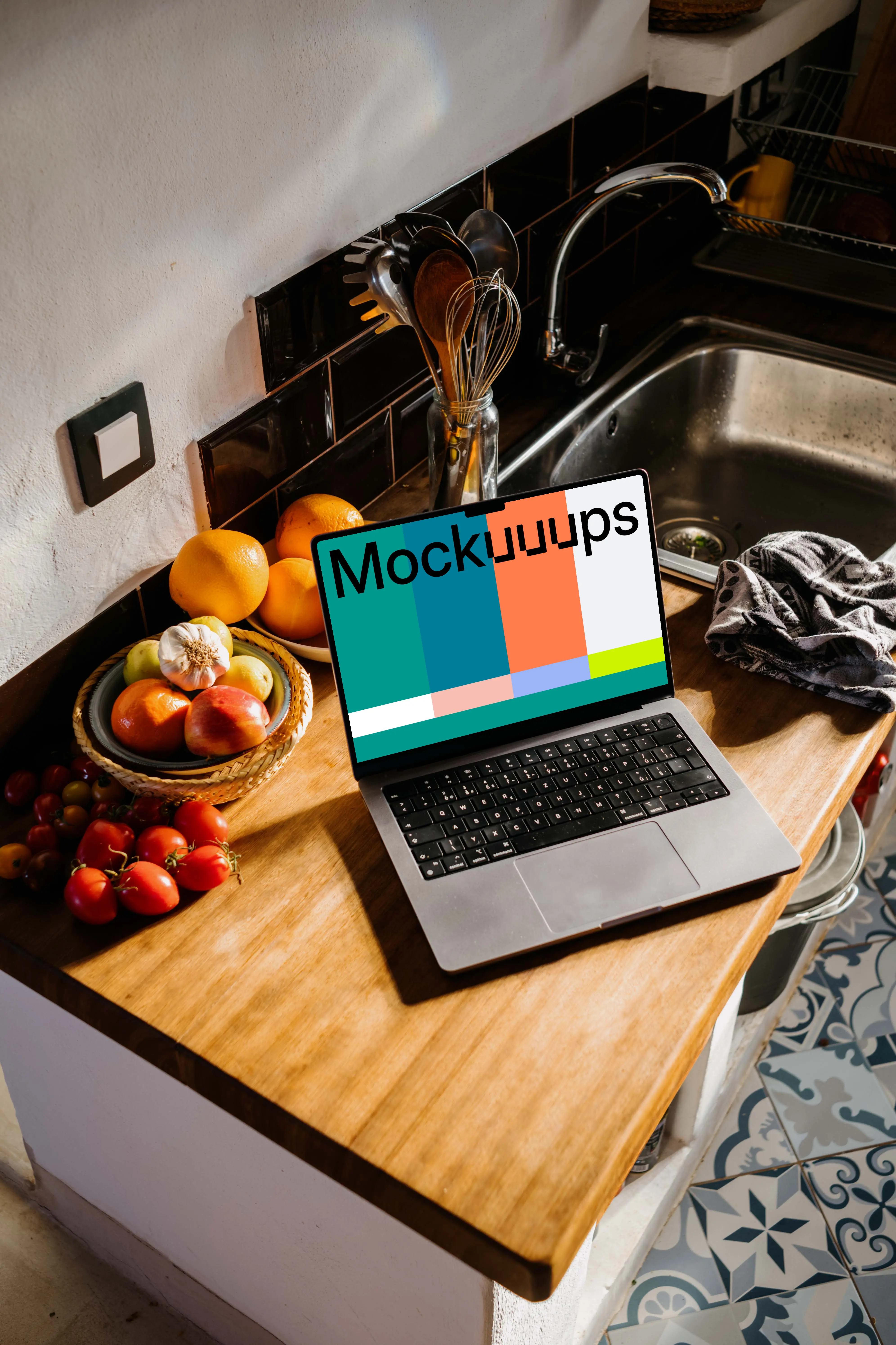 MacBook Pro mockup on a kitchen counter next to bowls of fruits