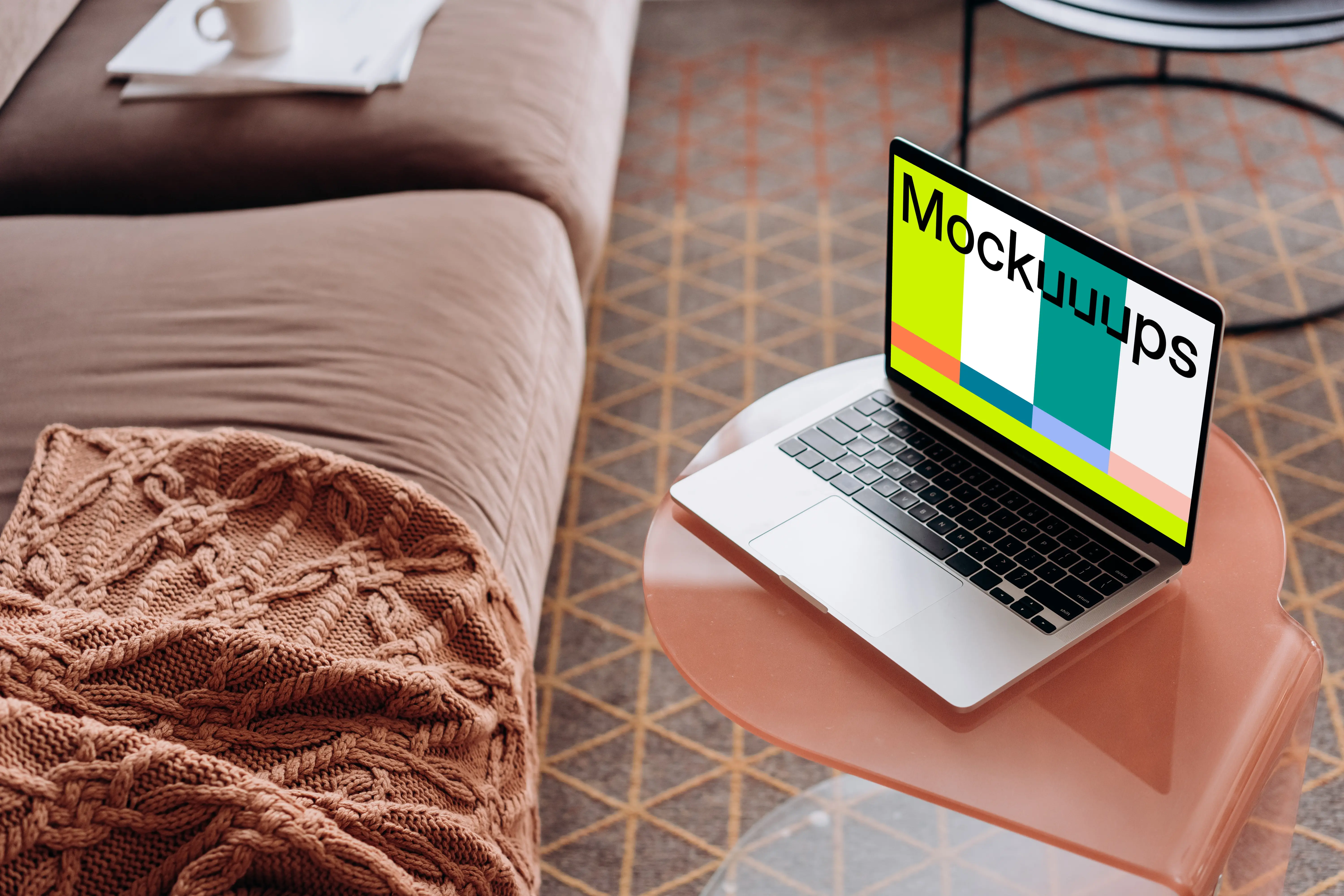 MacBook Pro mockup on a red stool