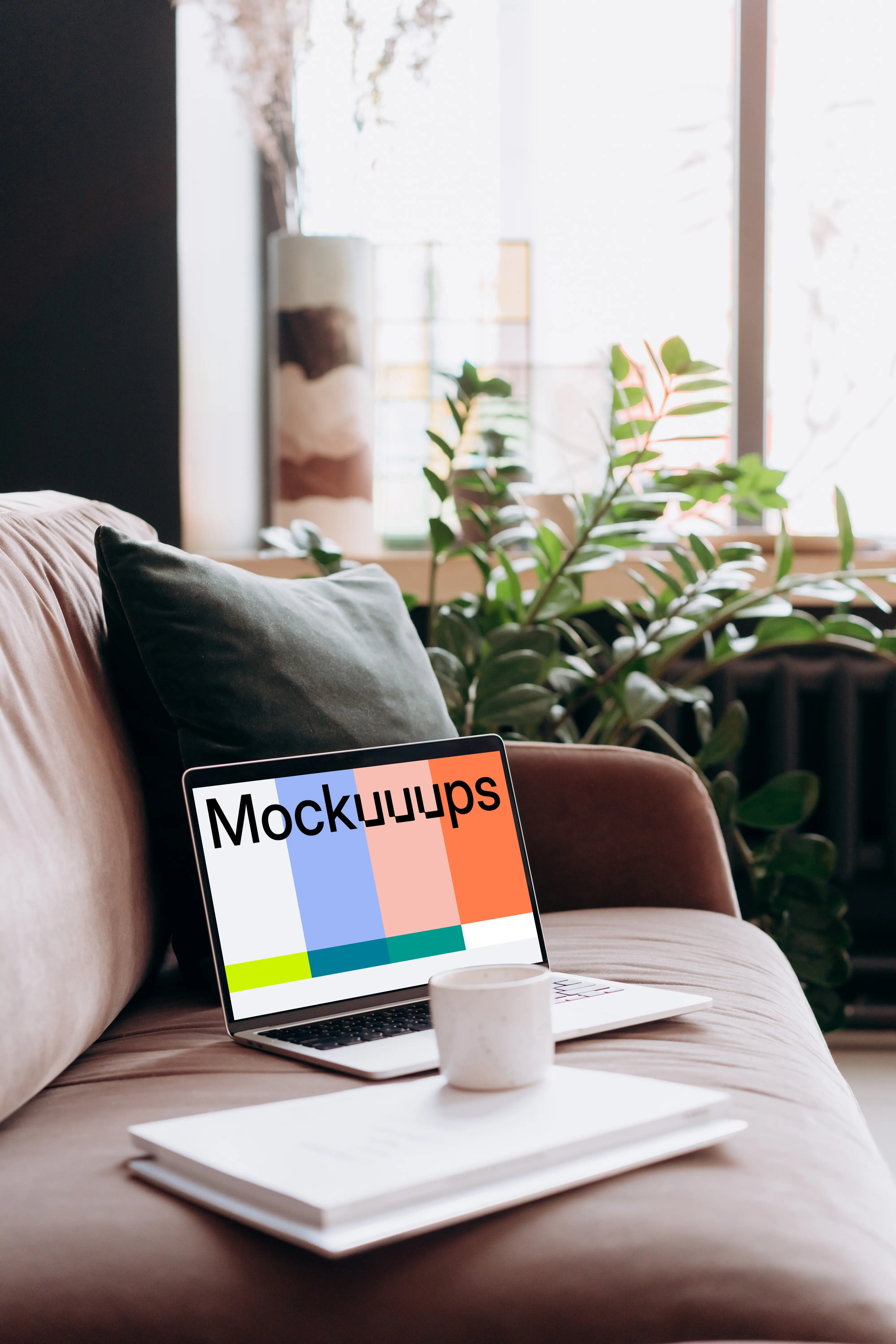 MacBook Pro mockup on a sofa with coffee and documents