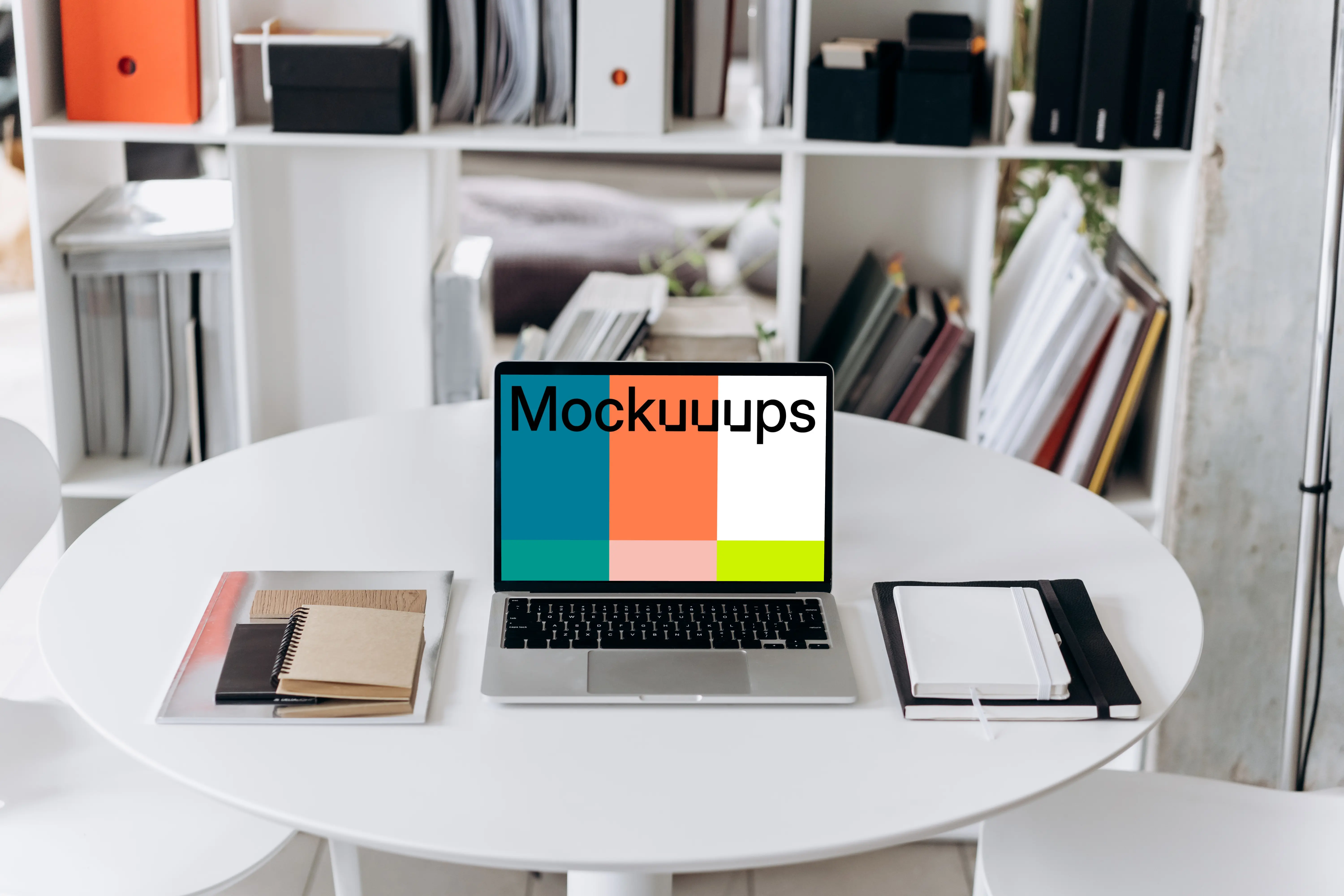 MacBook Pro mockup on a white round table