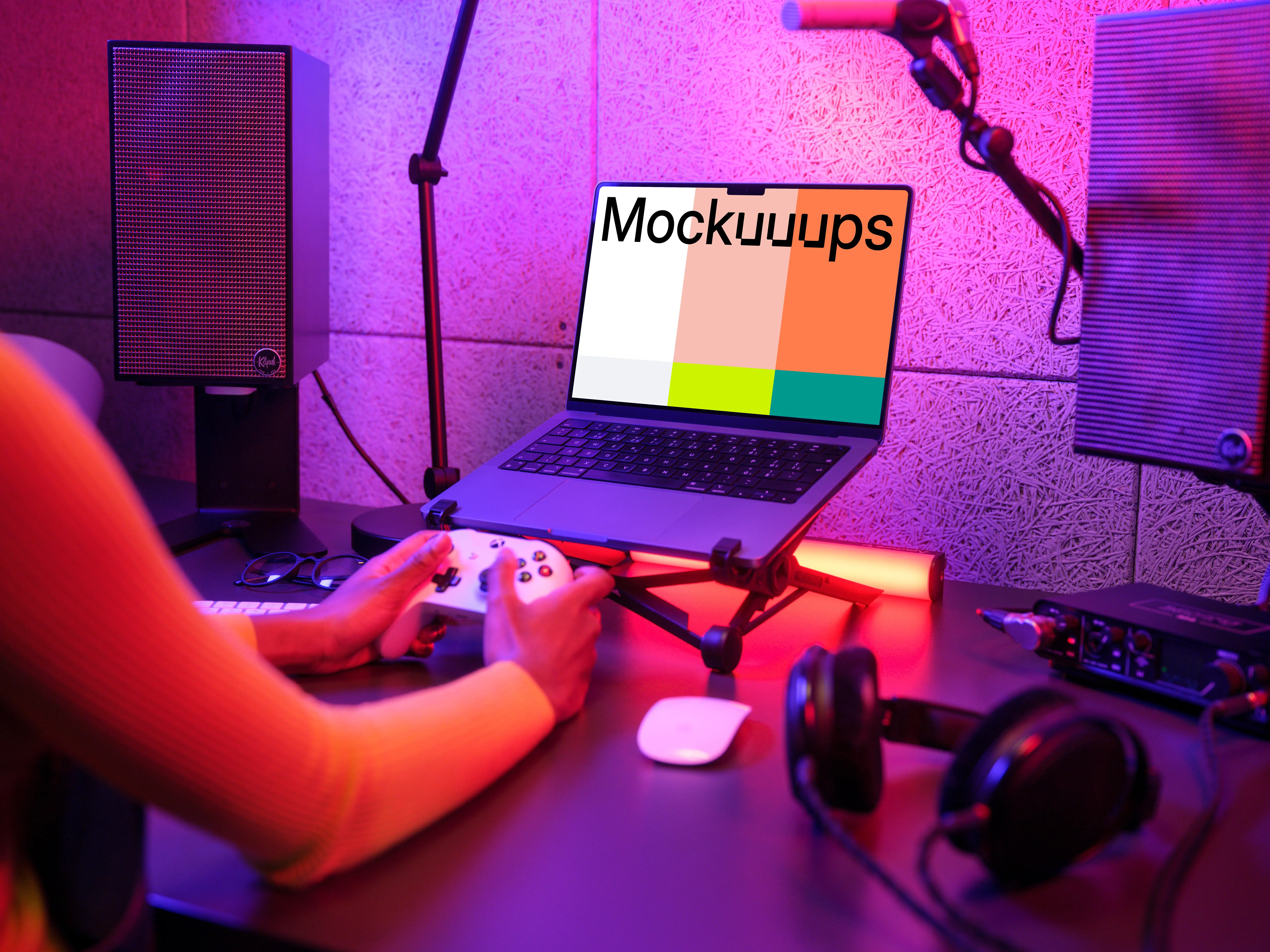 MacBook Pro mockup with gaming setup