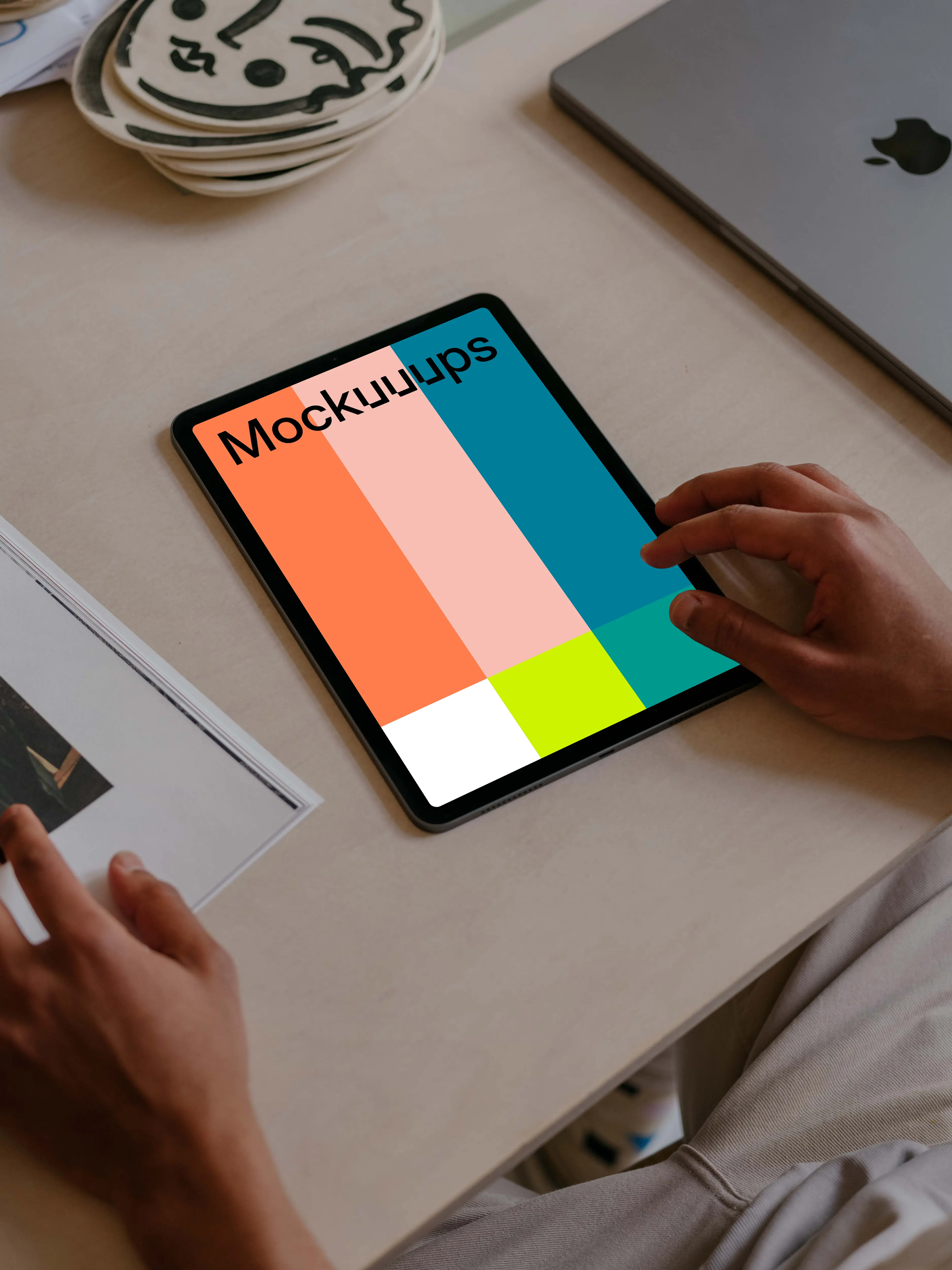 Male hand pointing on tablet mockup