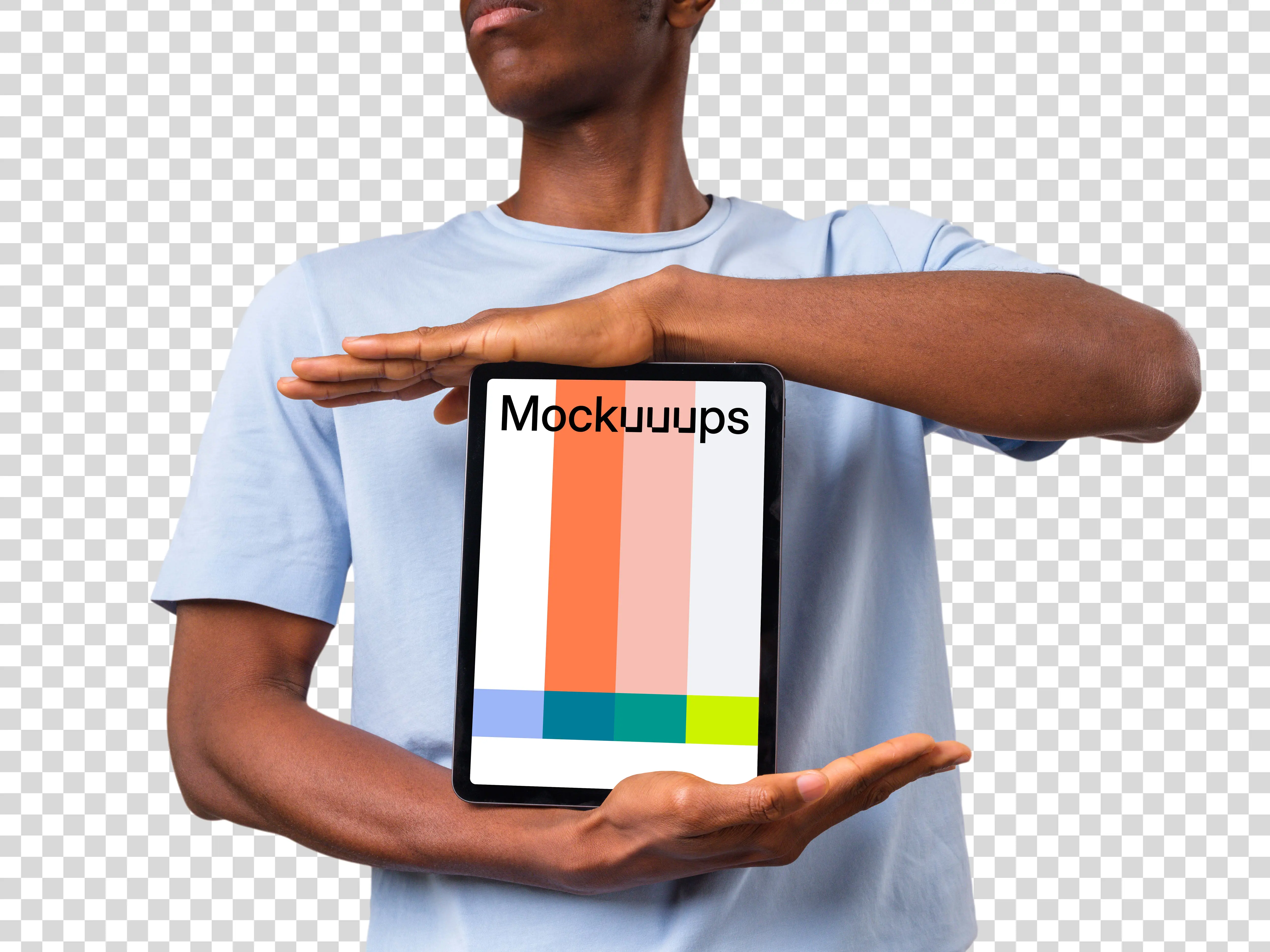 Man framing iPad mockup with both hands