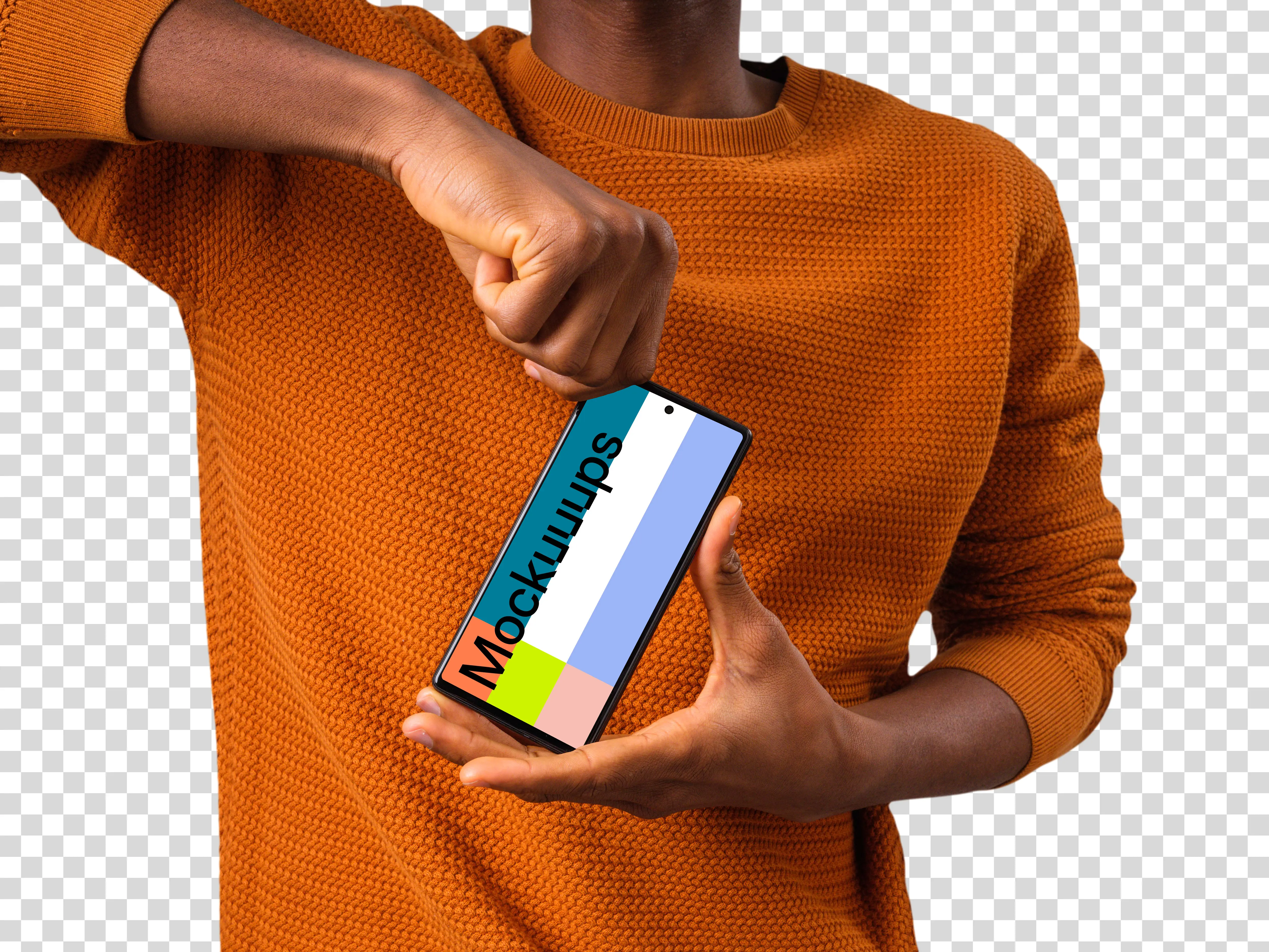 Man holding Google Pixel mockup from the top
