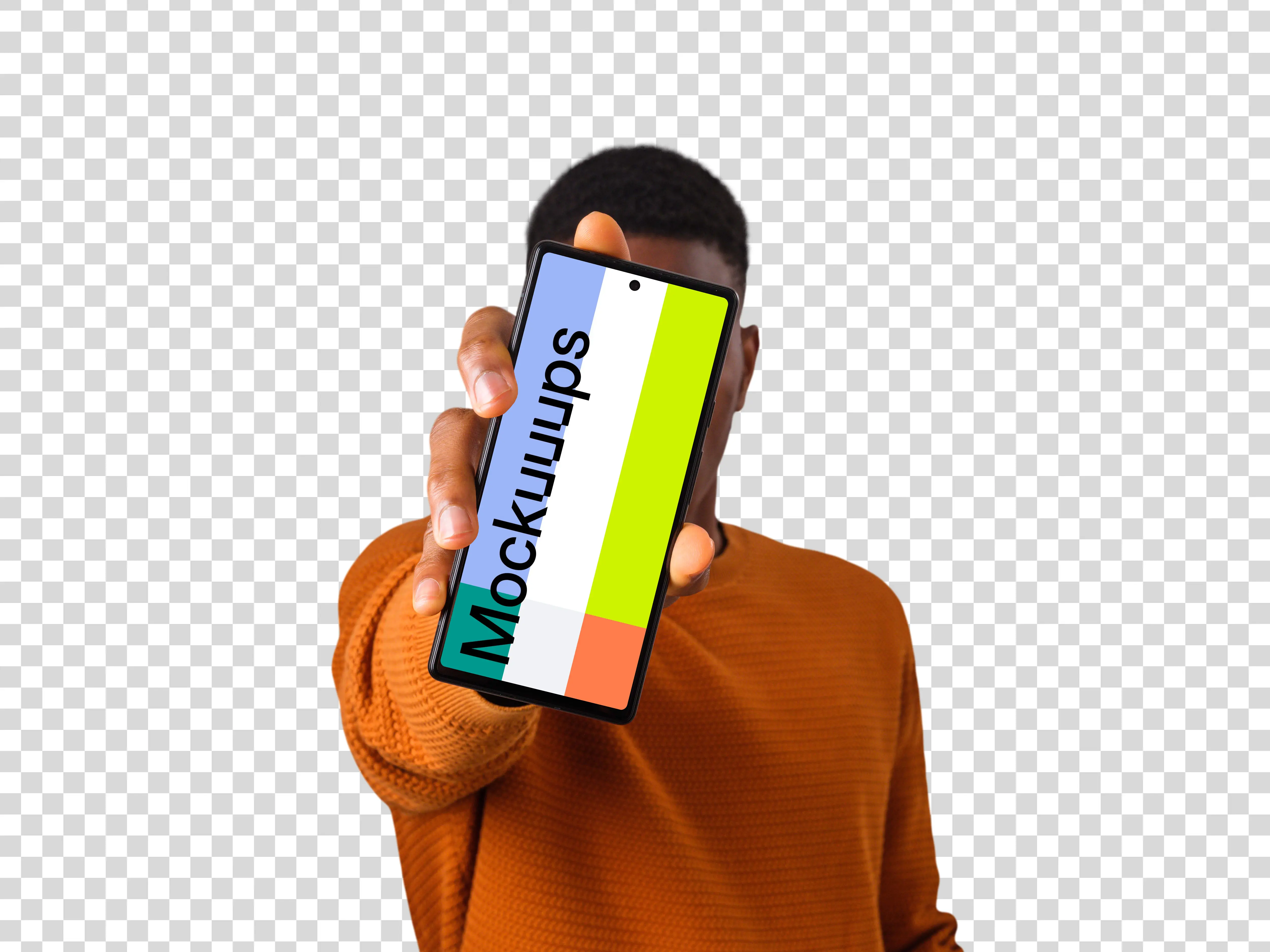 Man holding Google Pixel mockup in front of his face