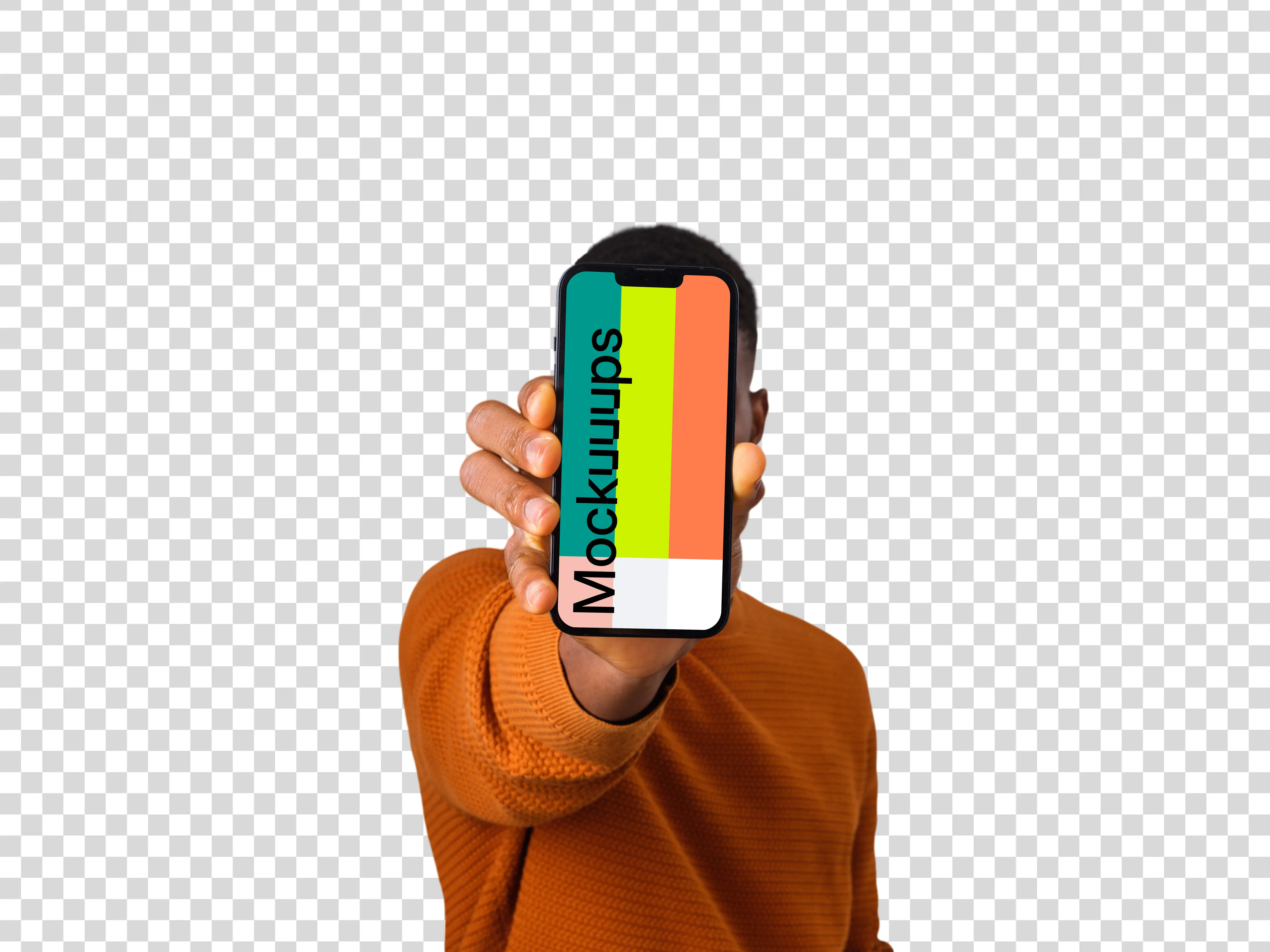 Man holding iPhone mockup in front of his face