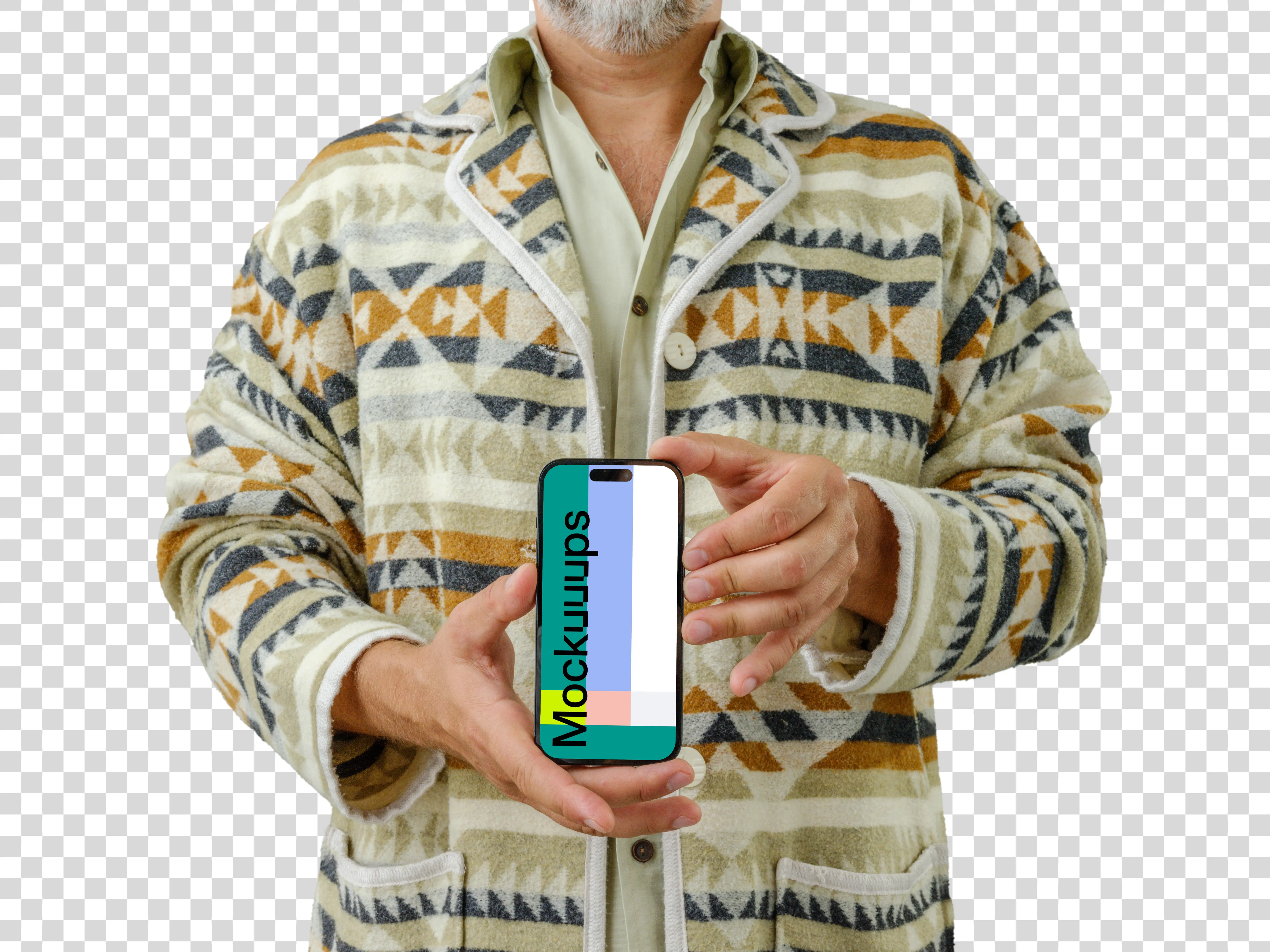Man in a textured cardigan with an iPhone in the hand