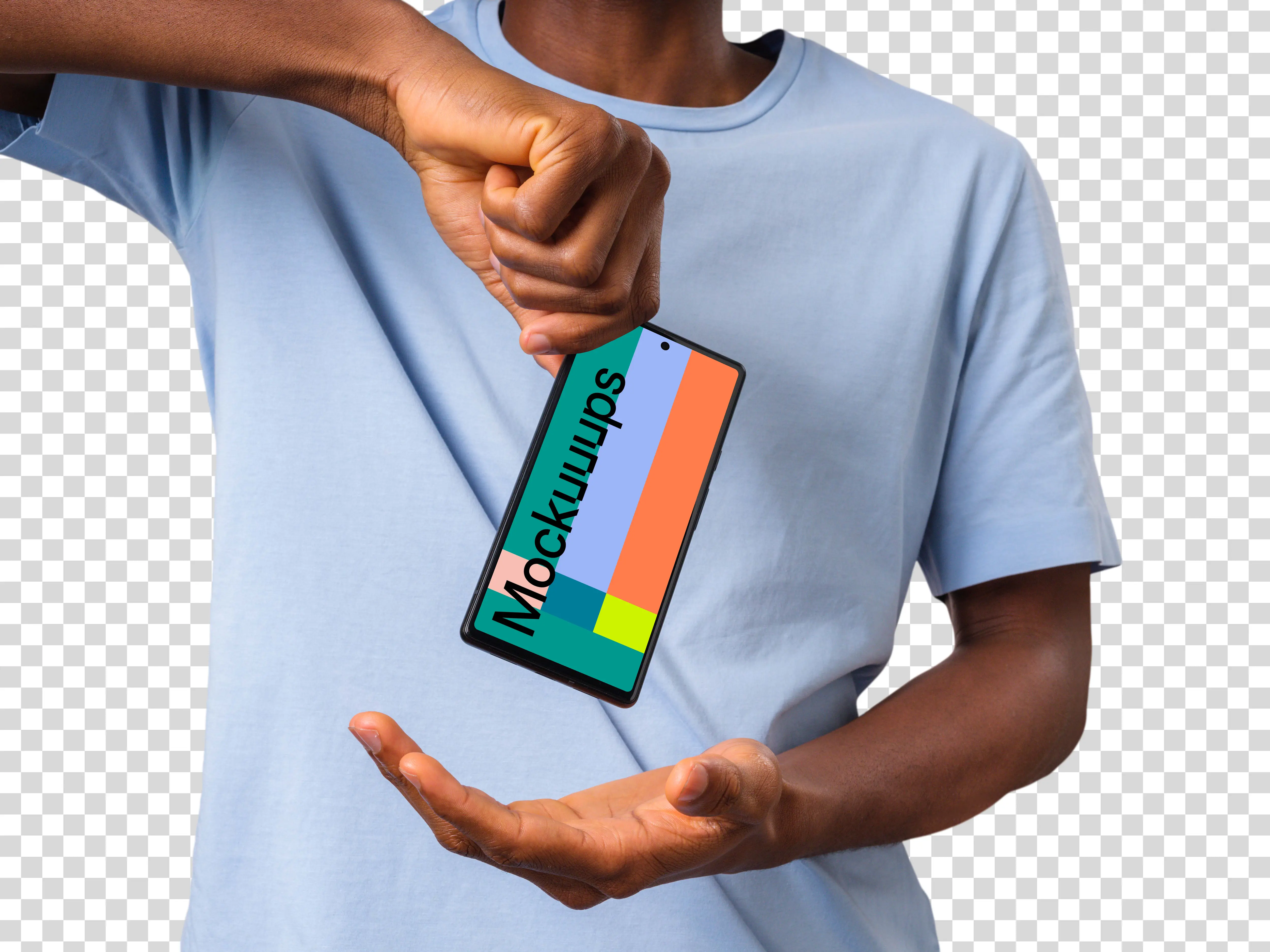 Man in light shirt holding Google Pixel mockup from the top