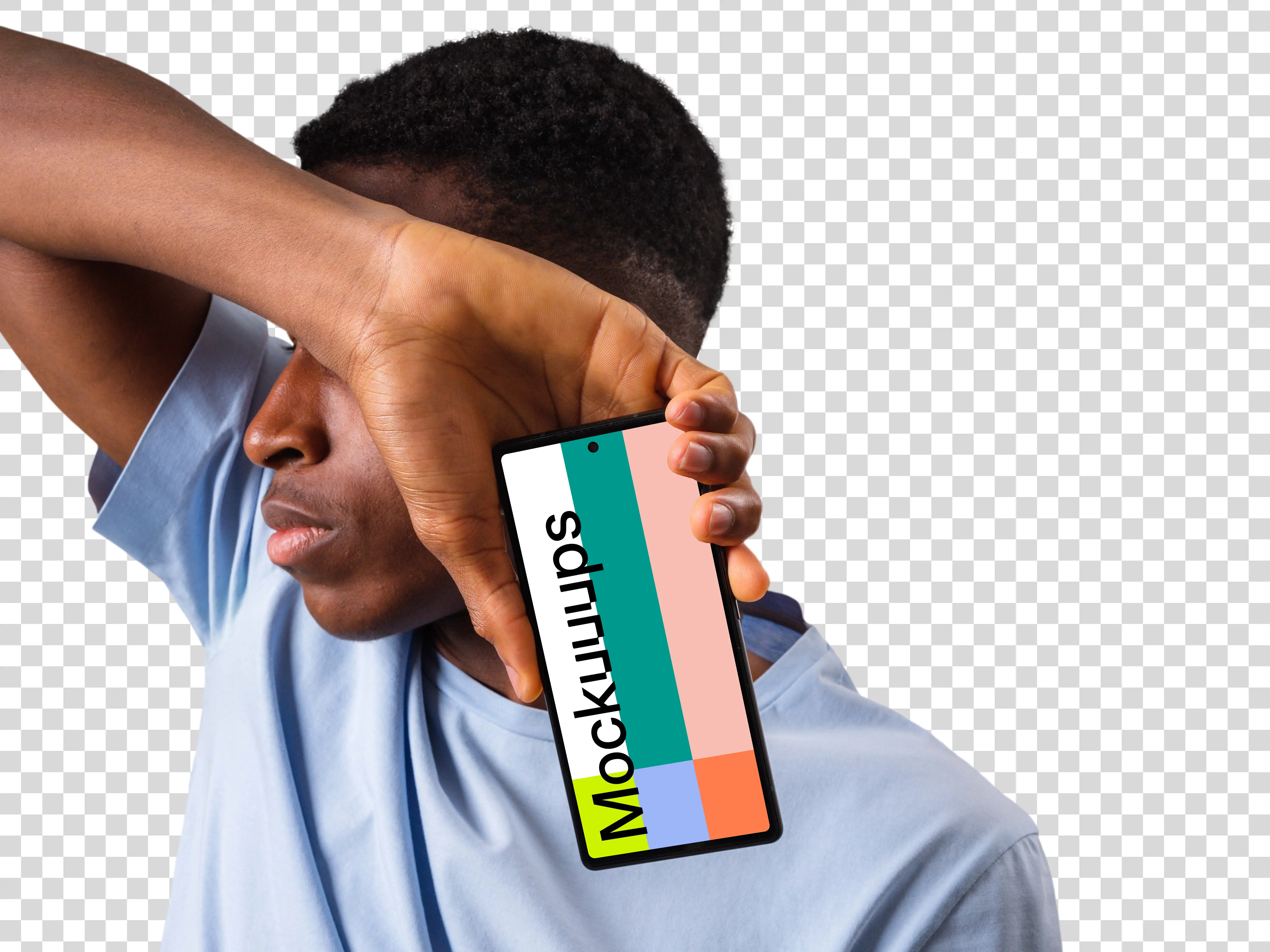 Man in light shirt holding Google Pixel mockup next to the face