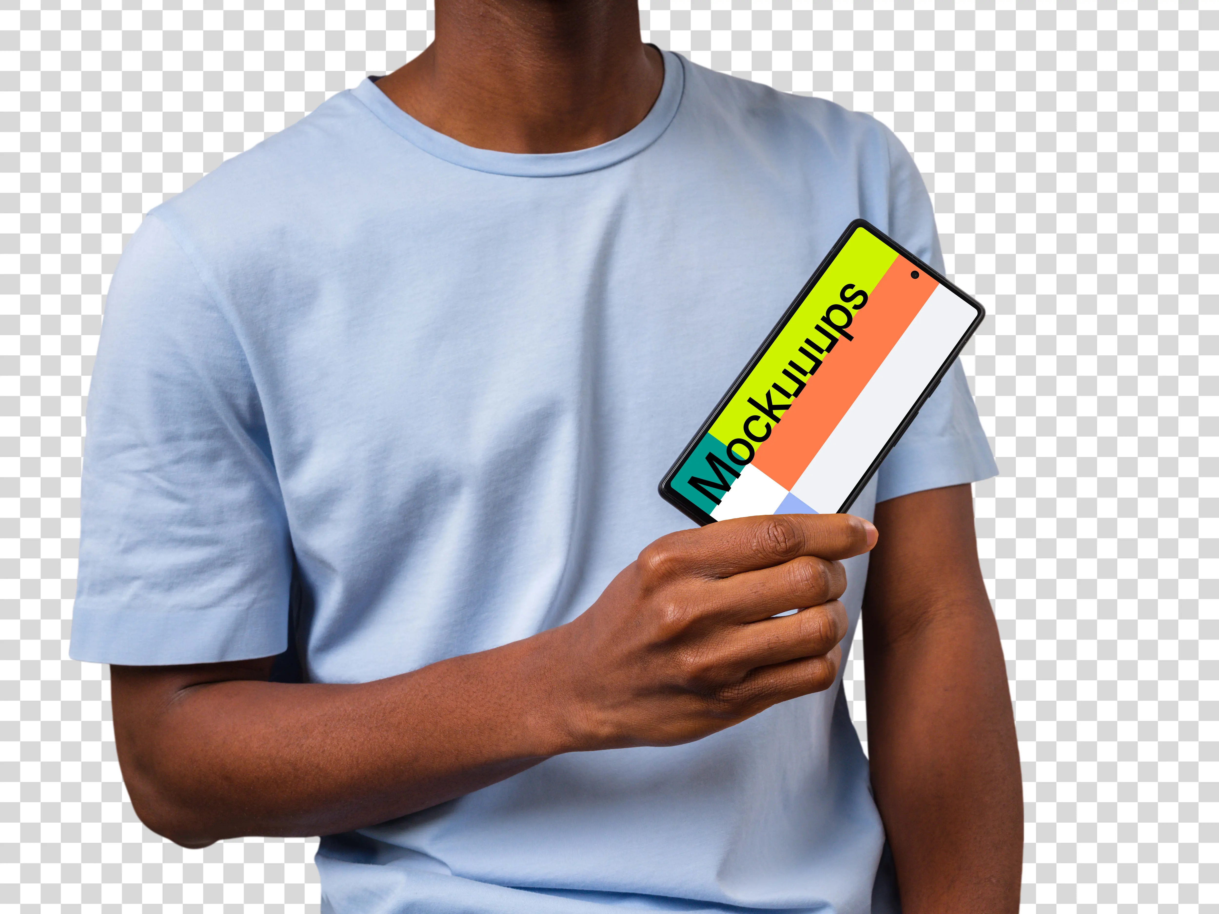 Man in light shirt holding Google Pixel with a one hand