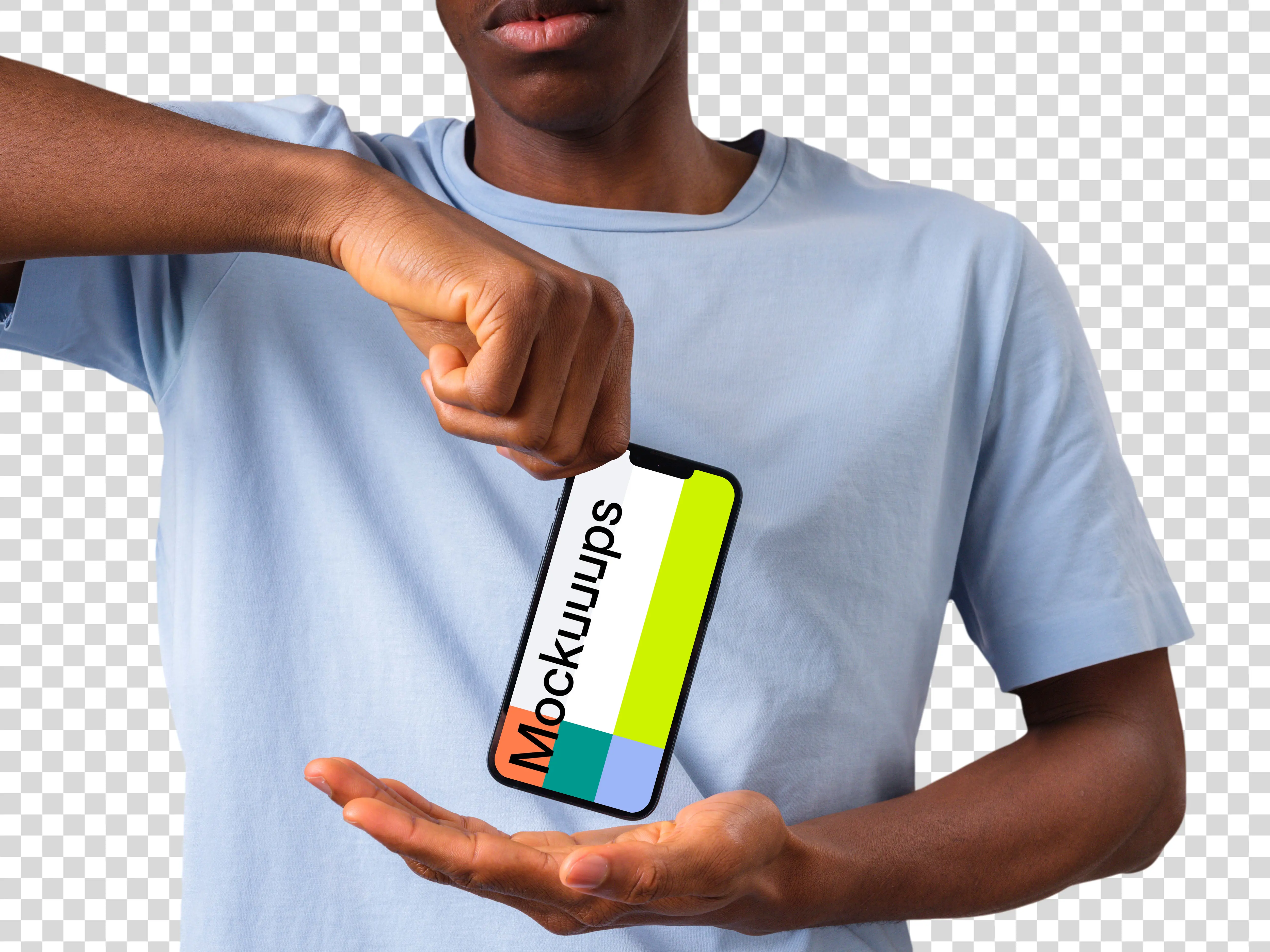 Man in light shirt holding iPhone mockup from the top
