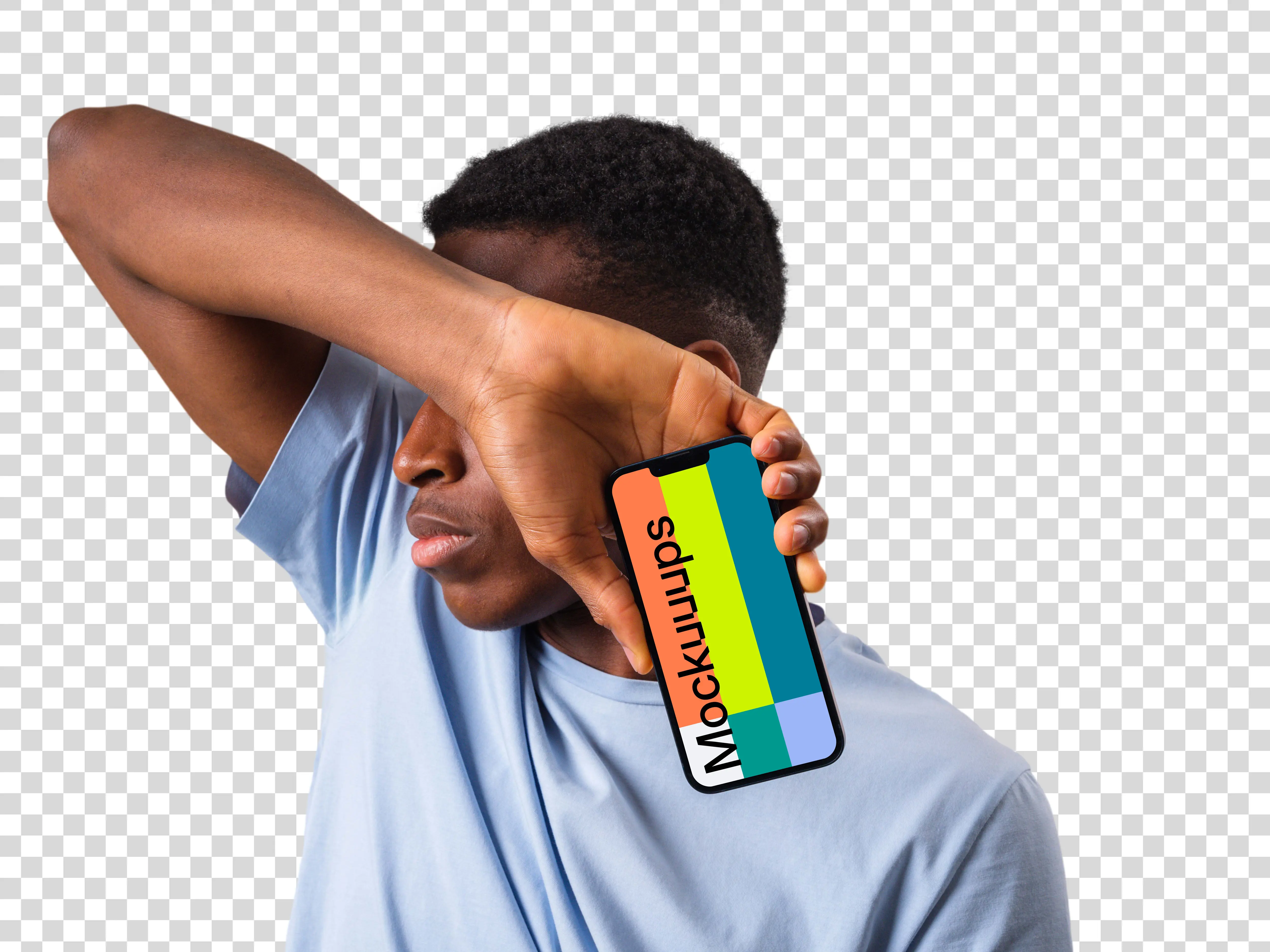 Man in light shirt holding iPhone mockup next to the face