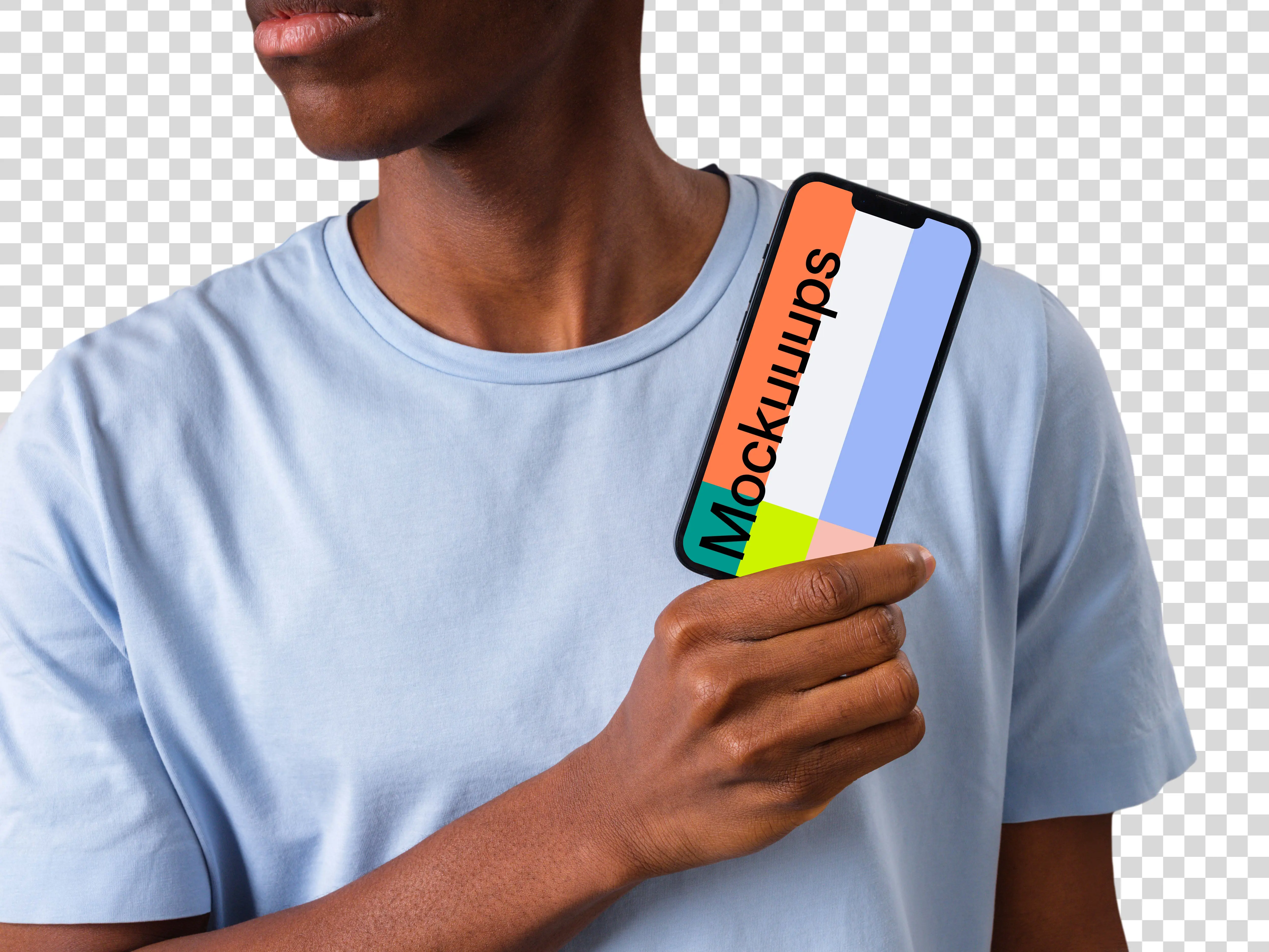 Man in light shirt holding iPhone with a one hand