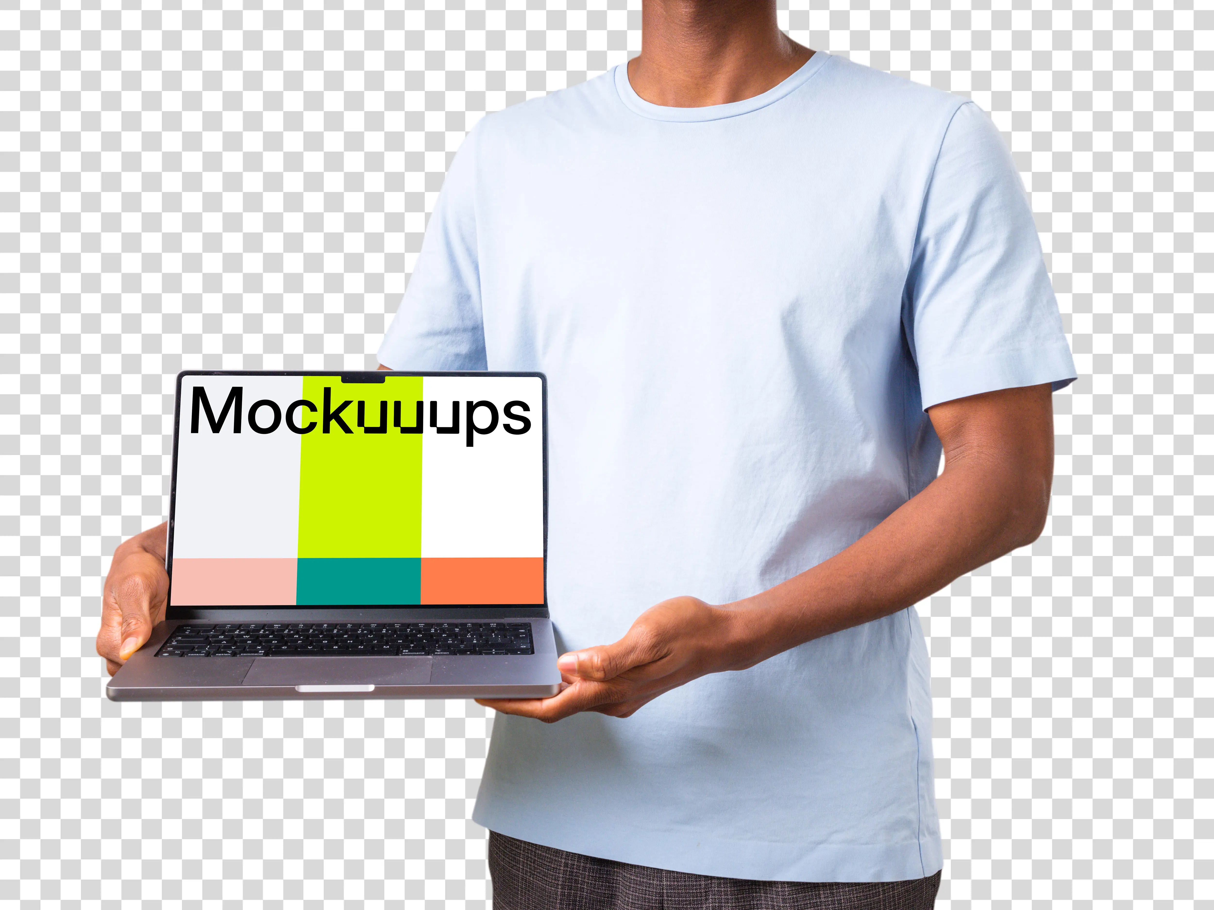 Man in light shirt holding MacBook mockup from the side
