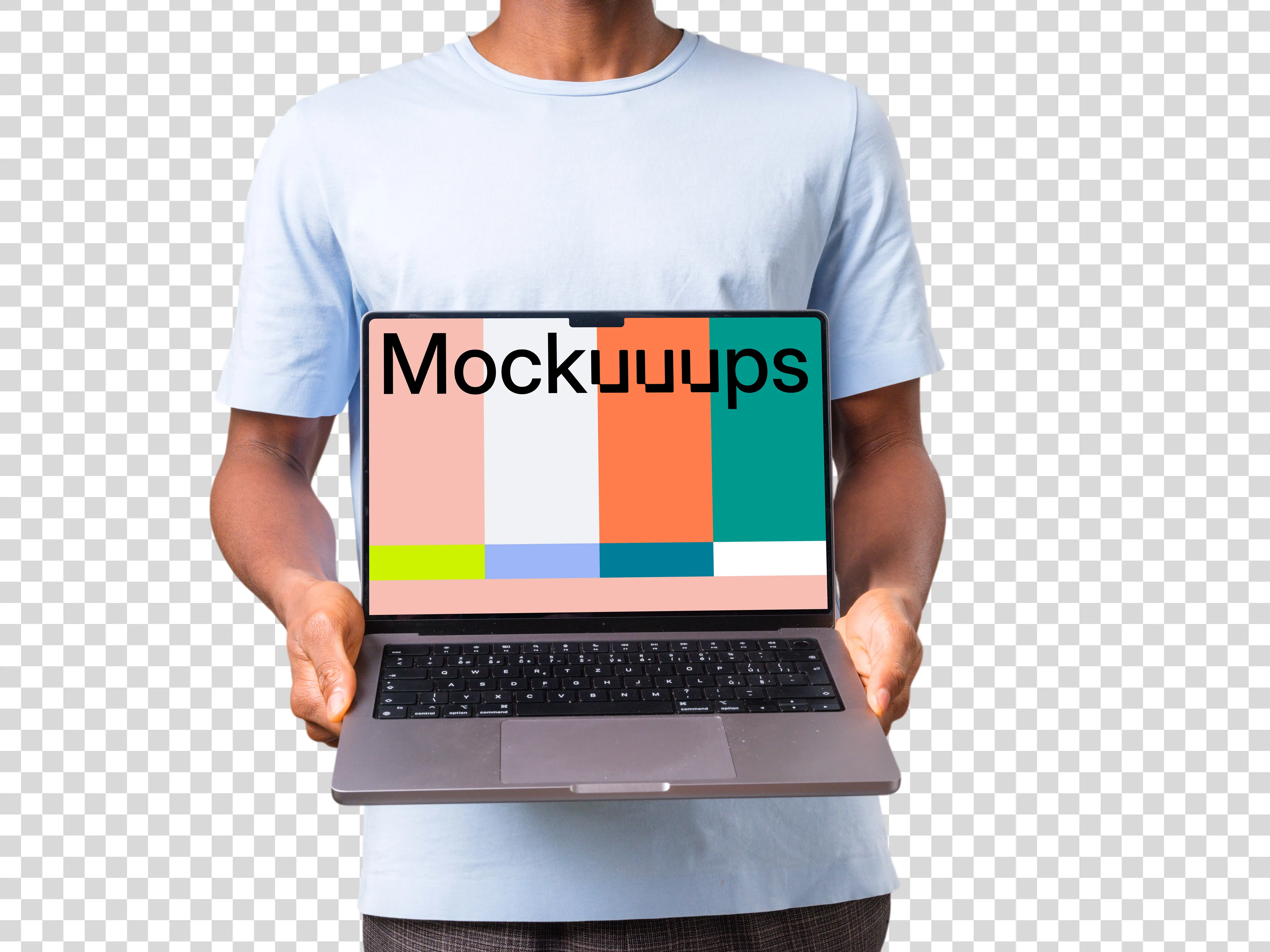 Man in light shirt holding MacBook mockup