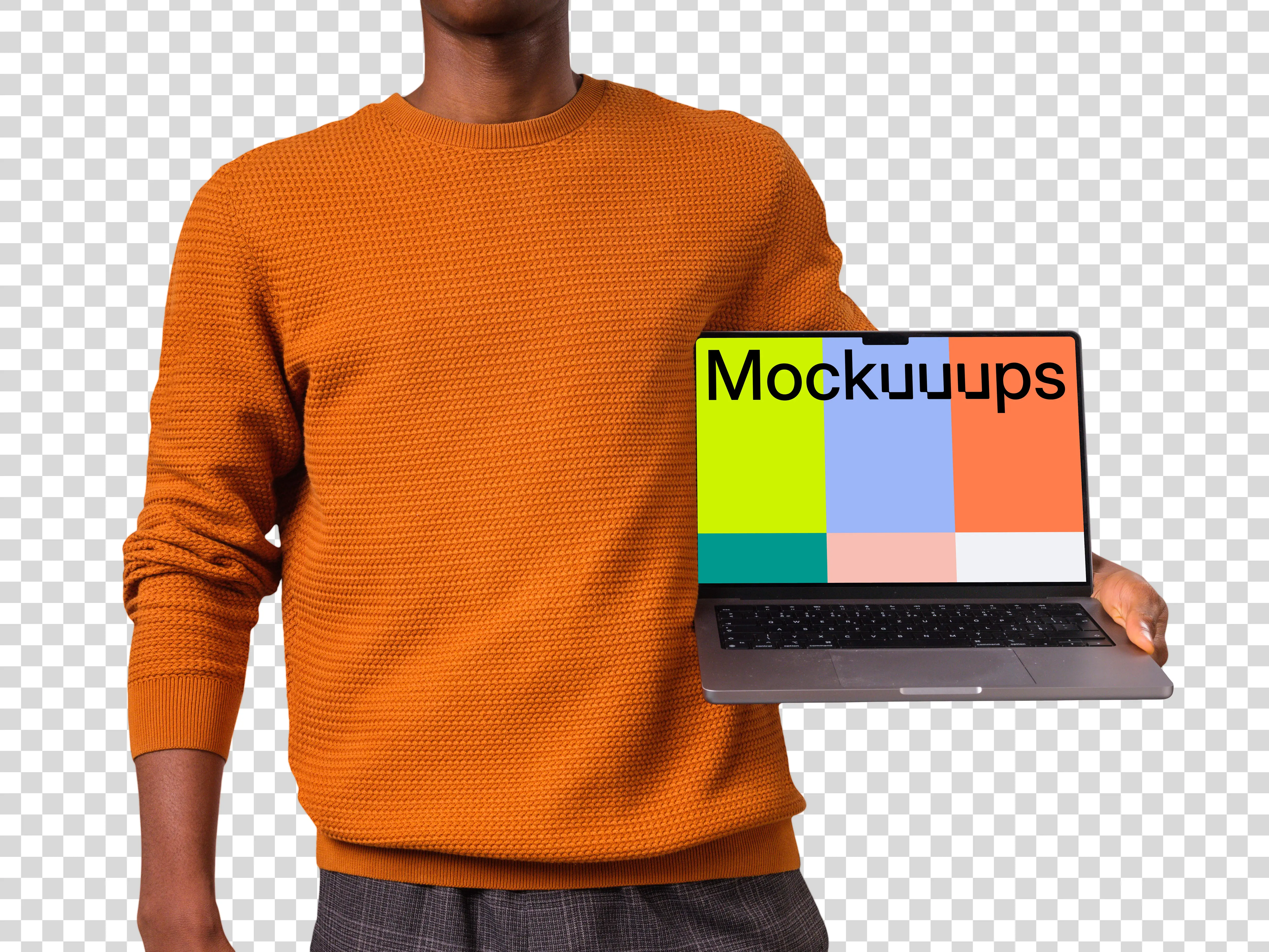 Man in orange sweater holding opened MacBook mockup from the side