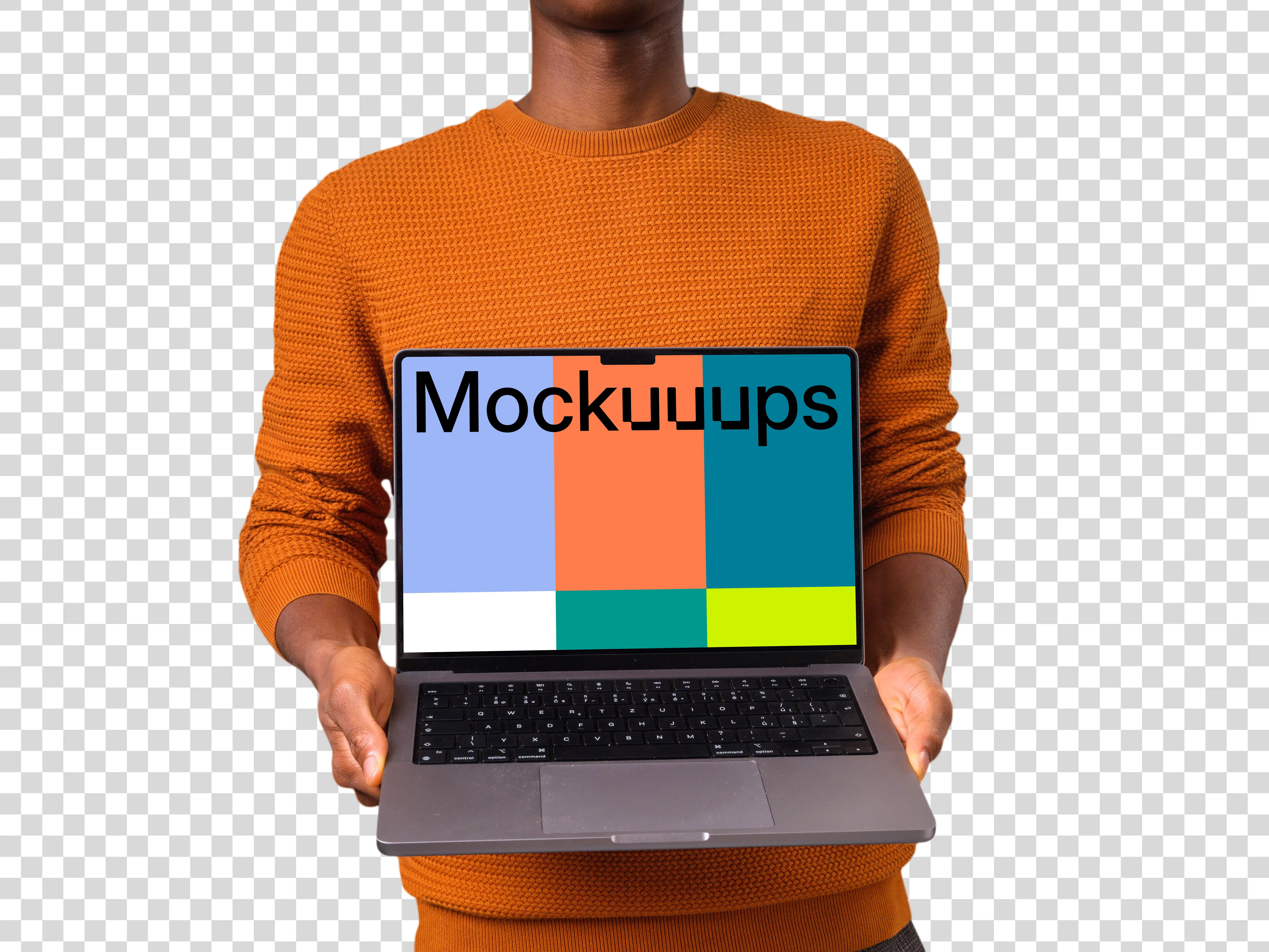 Man in orange sweater holding opened MacBook mockup